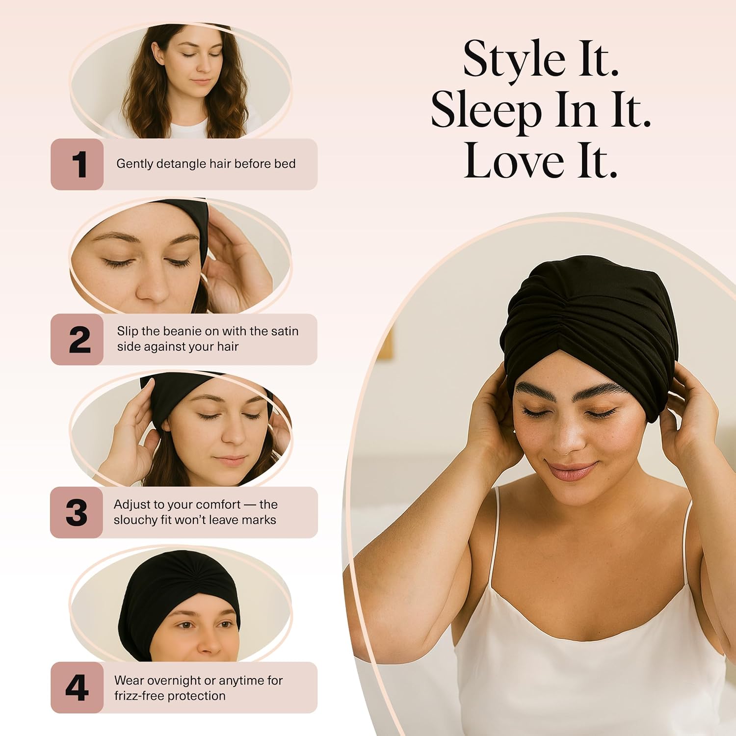 Thumbnail 6 de Kitsch Satin Lined Beanie for Sleeping, Black with Breathable Jersey Exterior