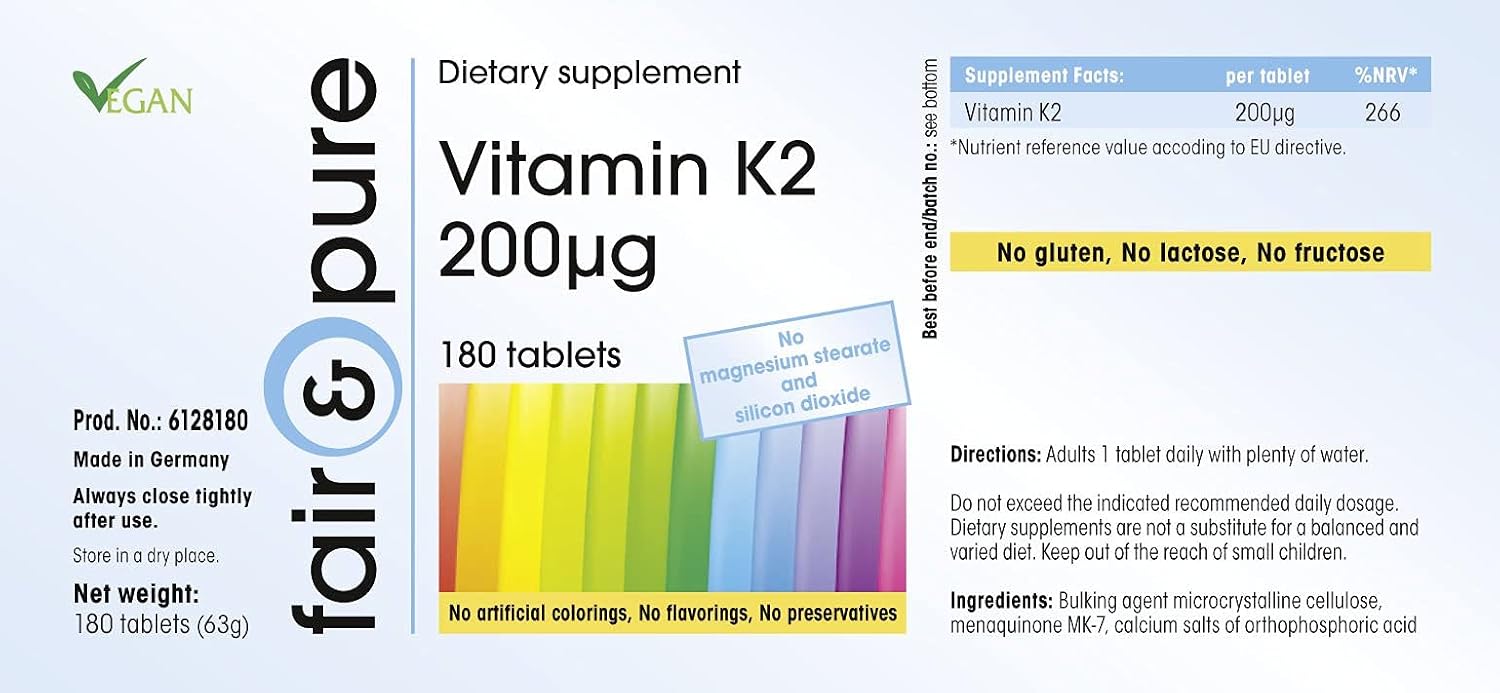 Detalle de Fair & Pure Vitamin K2 200µg MK-7 – 180 Tabletten, vegan, hergestellt in Deutschland