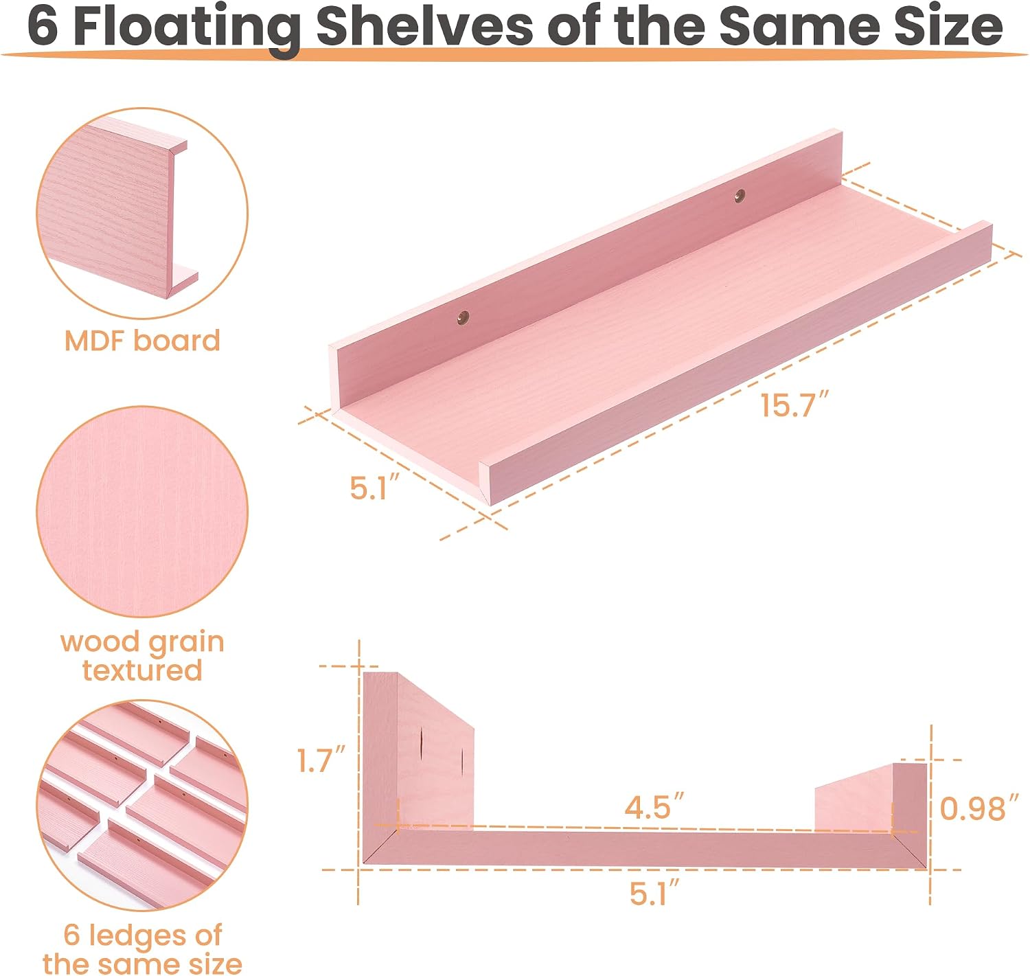 Thumbnail 2 de upsimples Pink Shelves for Wall – 6-Pack Wall Mounted Wood Shelves