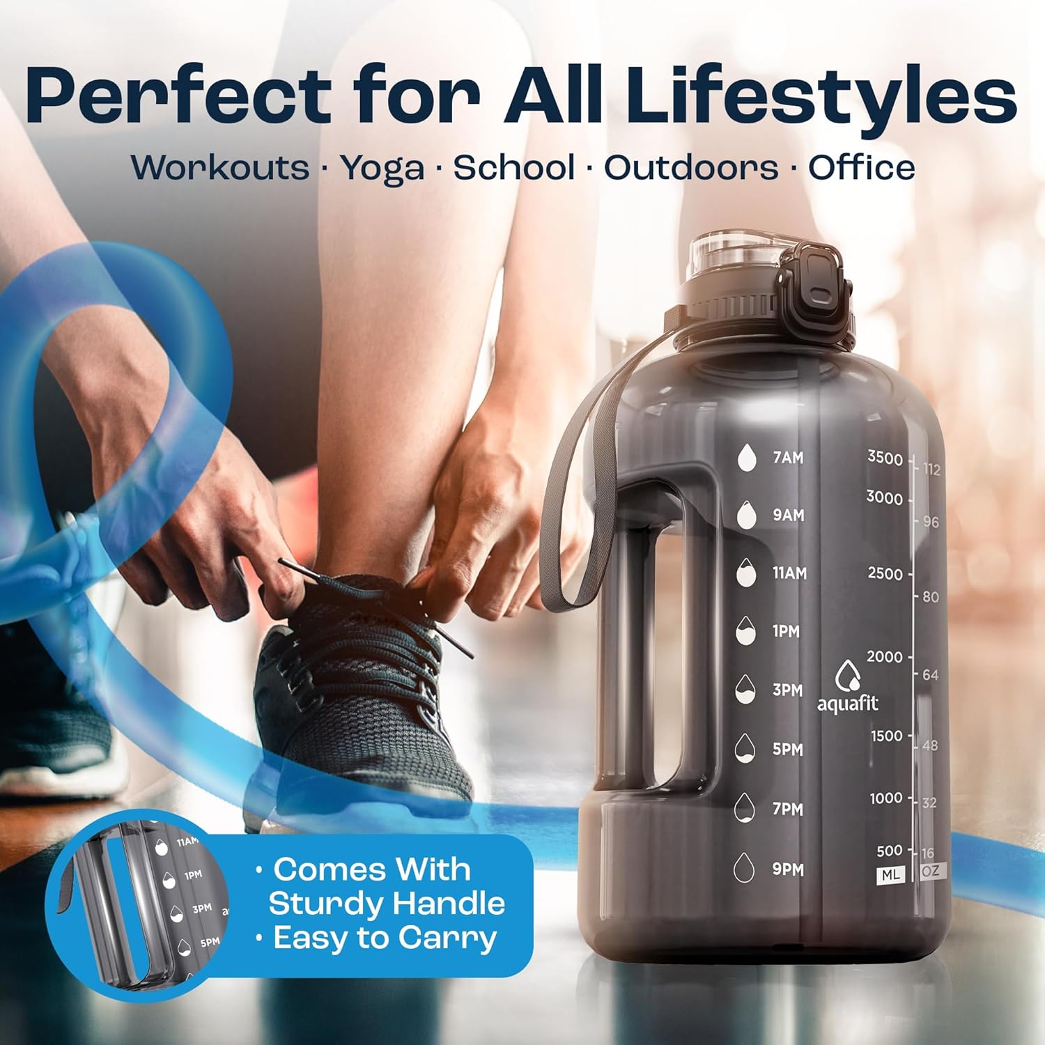 Detalle de AQUAFIT 1 Gallon Water Bottle (128 oz) with Time Marker, Straw & Chug Lid (BPA-Free, Gray)