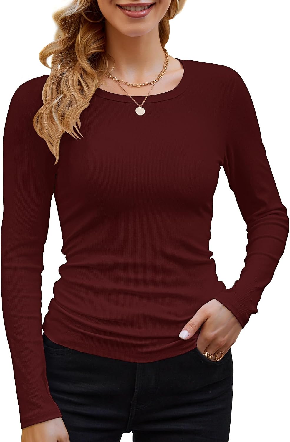 Detalle de DUOEASE Langarmshirt Damen mit Rundhalsausschnitt – geripptes Basic-Top aus Rayon-Spandex