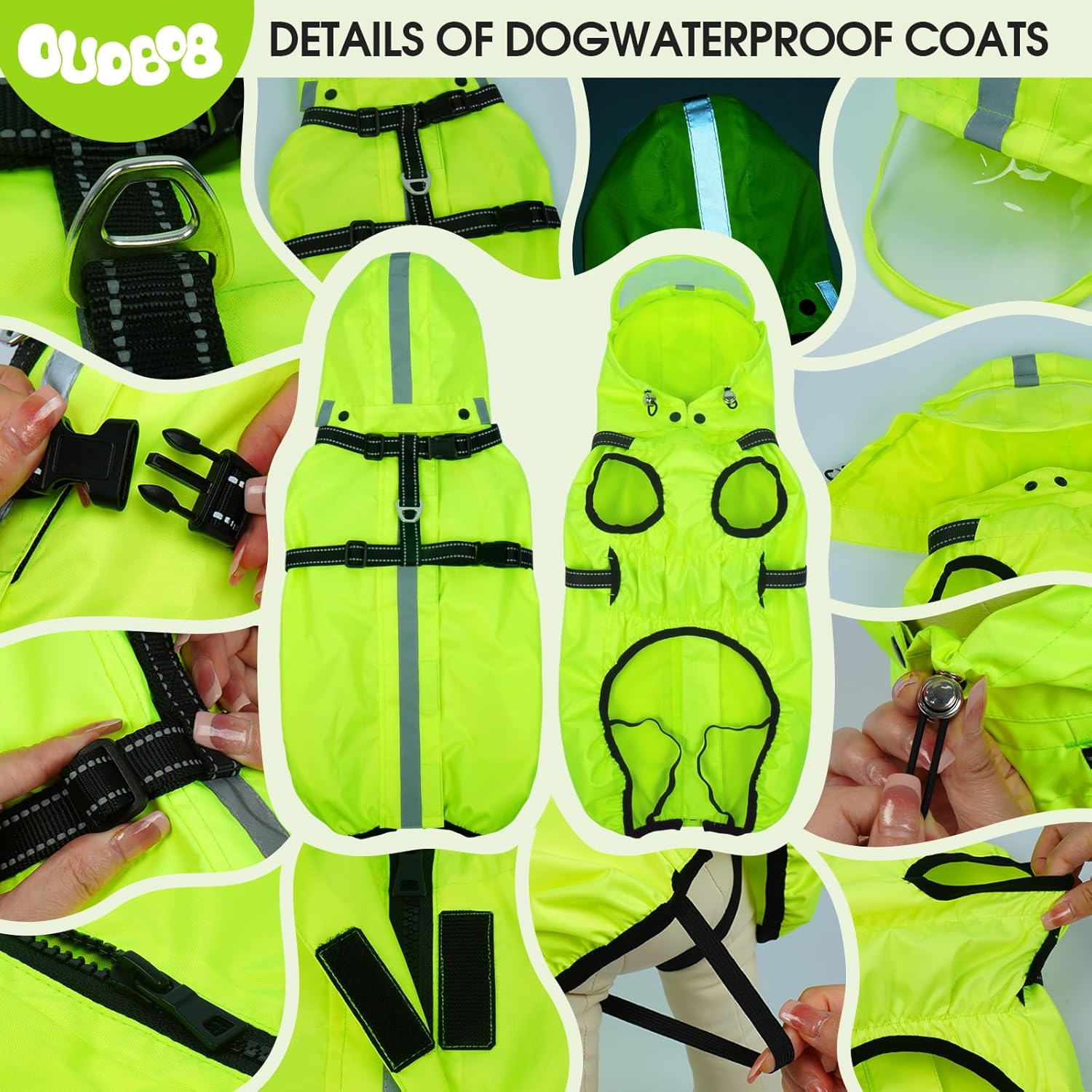 Thumbnail 2 de OUOBOB Waterproof Dog Raincoat with Reflective Strips, H-Harness & Detachable Hood (Neon Green, Size 3XL)
