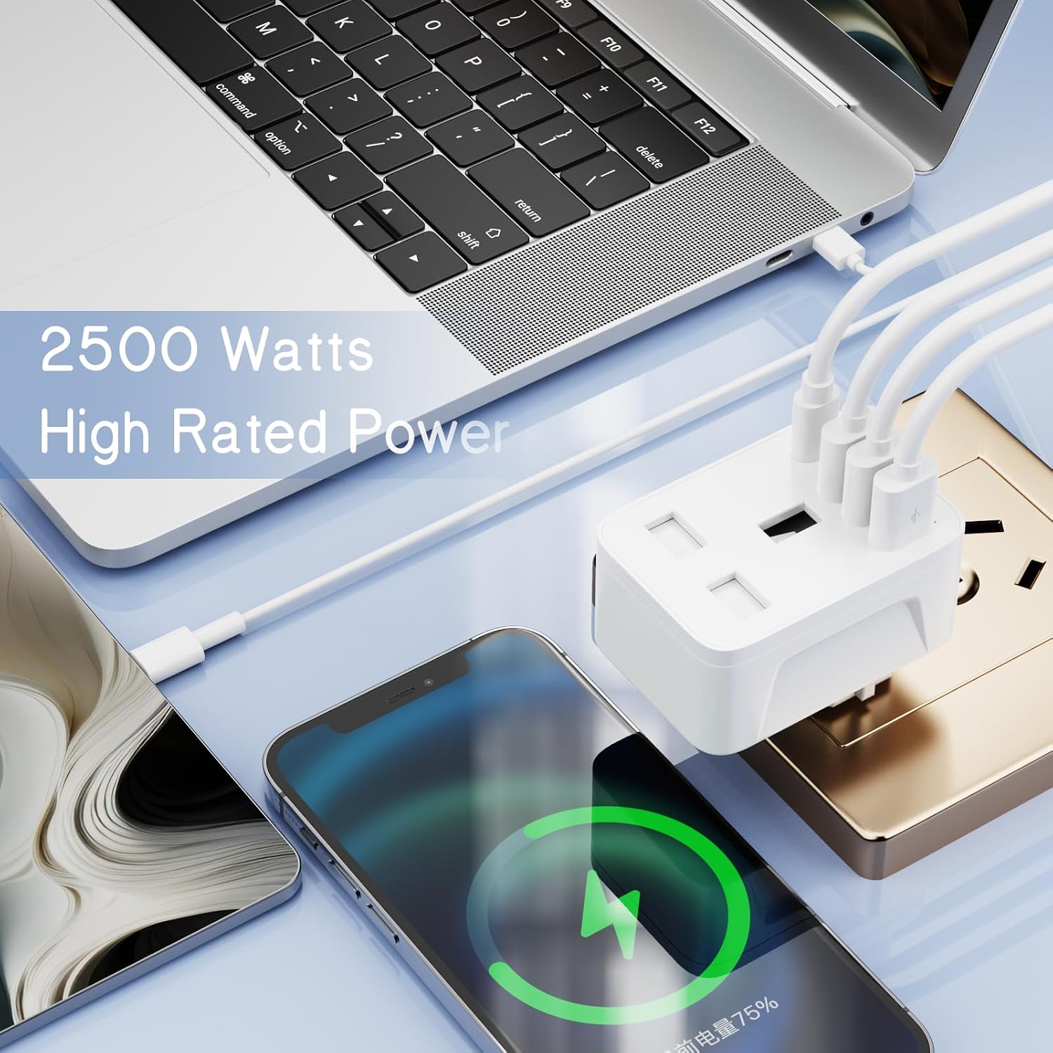 Detalle 1 de Herfair UK to European Travel Plug Adaptor (Schuko Type E/F) with 3x USB-A and 1x USB-C