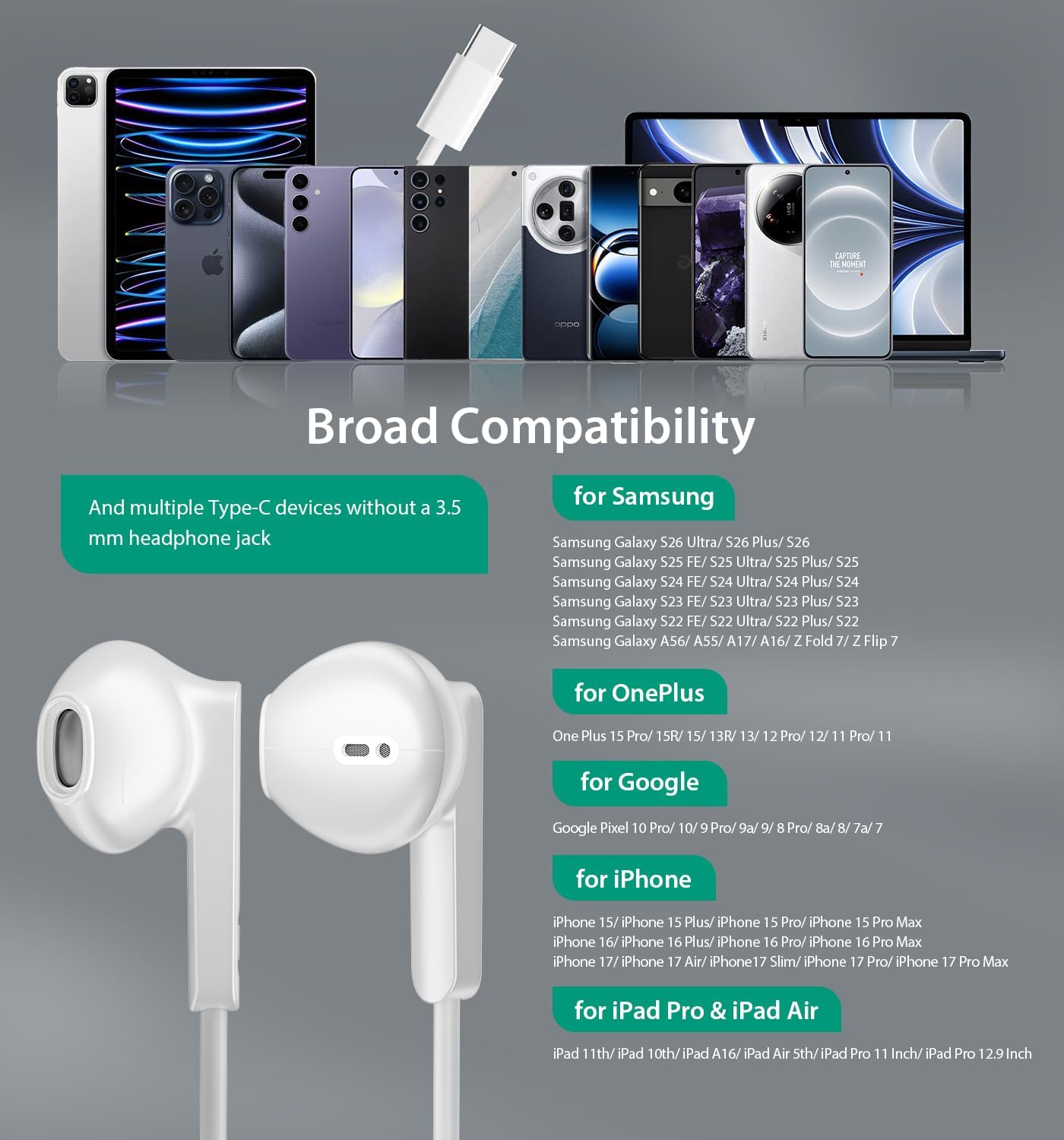 Thumbnail 4 de USB C Earphones with Mic for iPhone, Samsung and more – Wired Type-C Headphones (White)