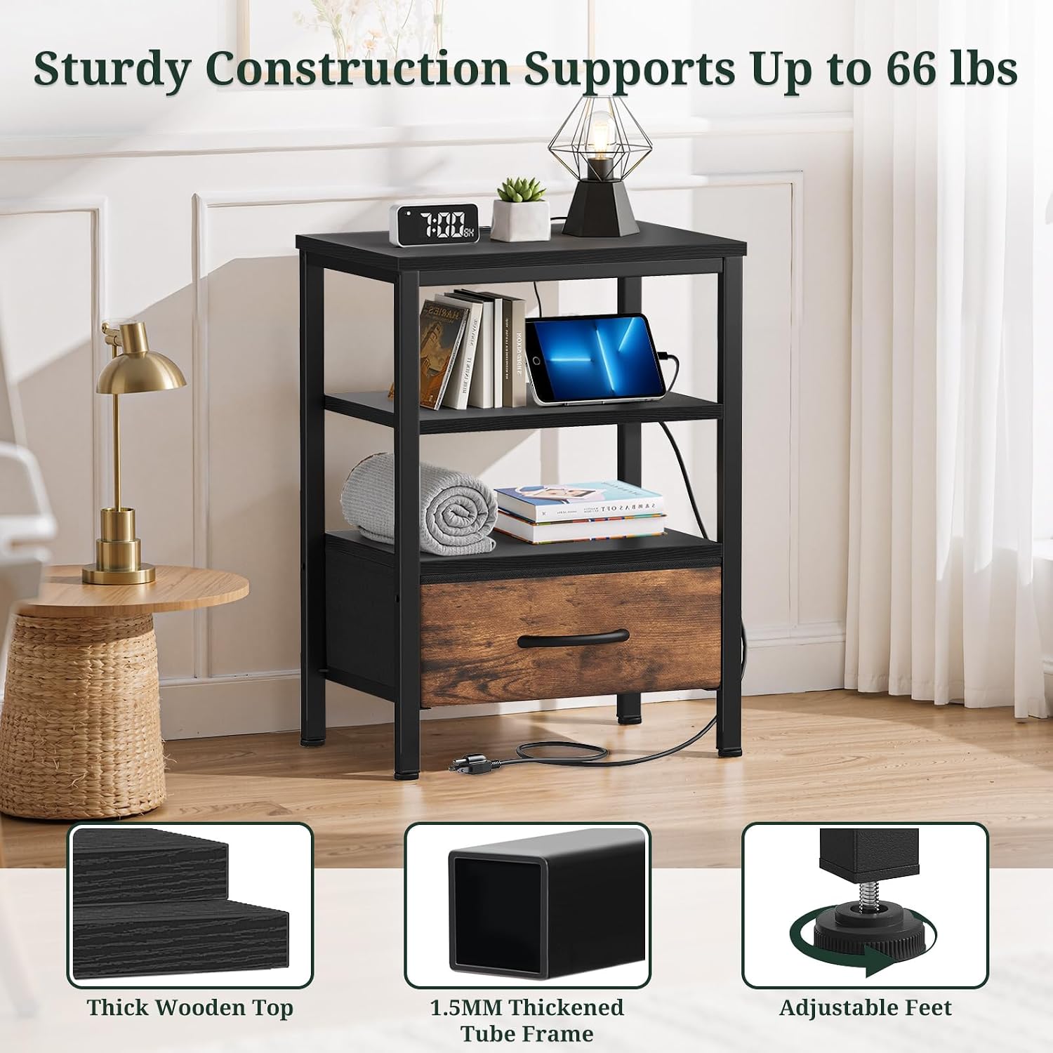 Detalle 1 de Nightstand with Charging Station, Fabric Drawer