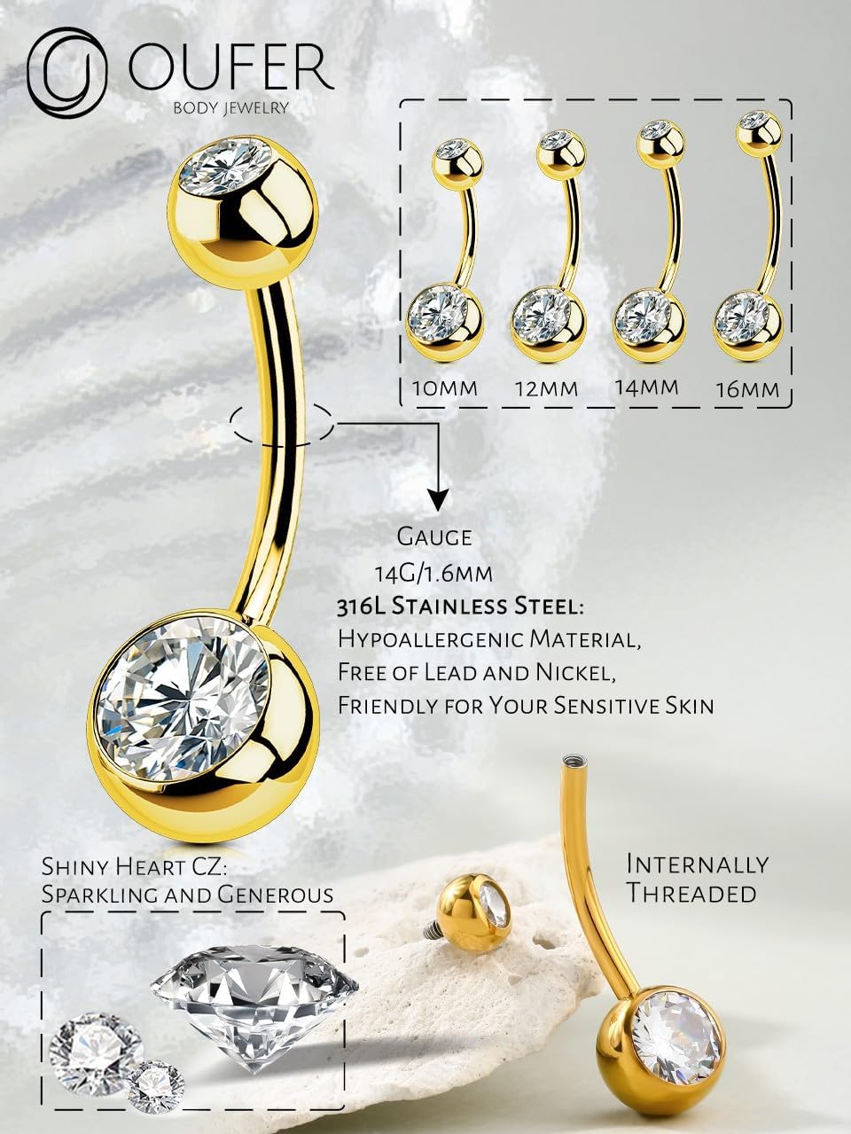 Thumbnail 3 de OUFER piercing nombril doré 10/12/14/16 mm 14G