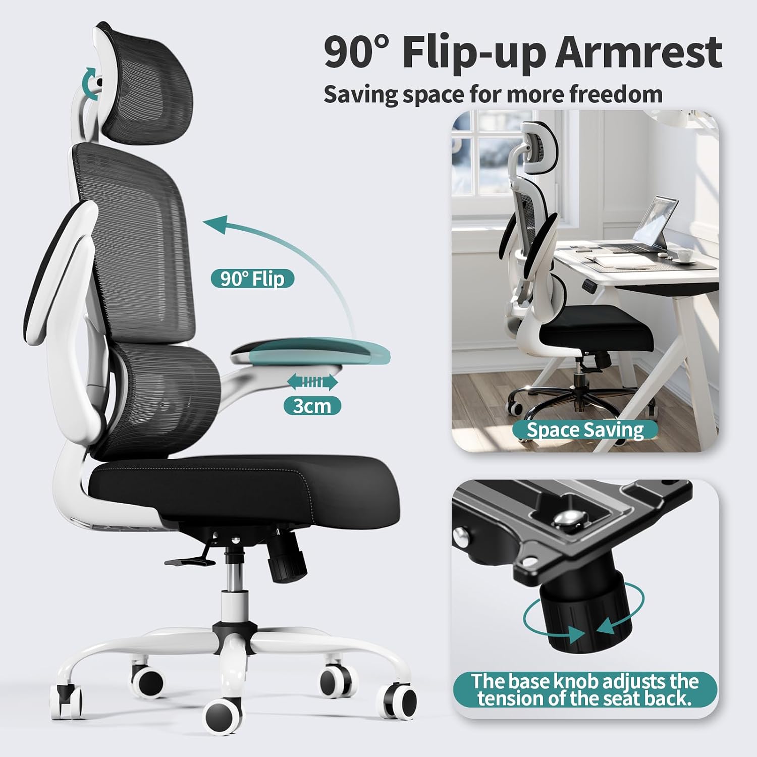 Detalle 1 de TRALT TRALT+ERG+YQ001-1-W-B-CA Ergonomic Mesh Office Chair, Adjustable Lumbar