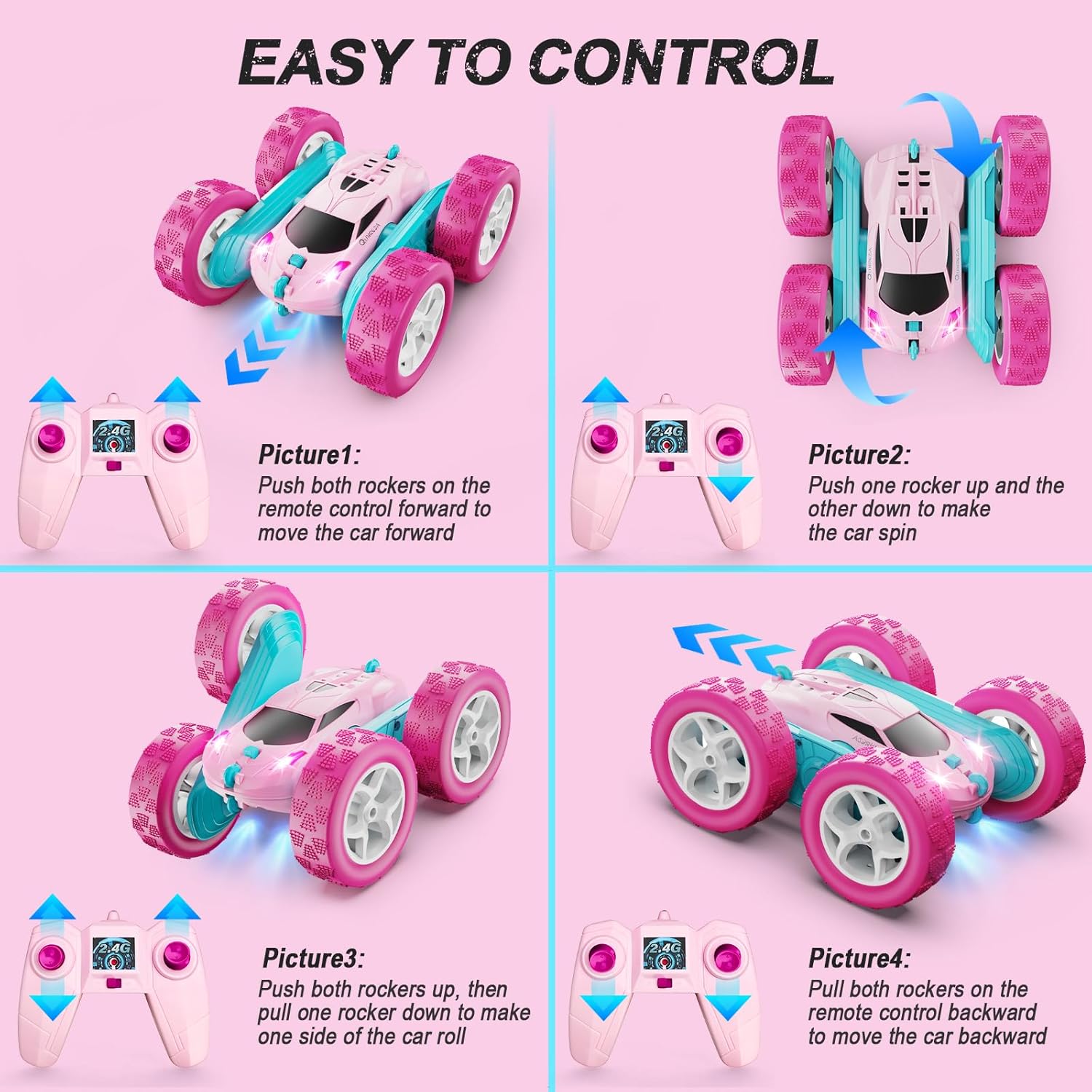 Thumbnail 5 de QUNREDA 2.4 GHz Pink Remote Control Stunt Car