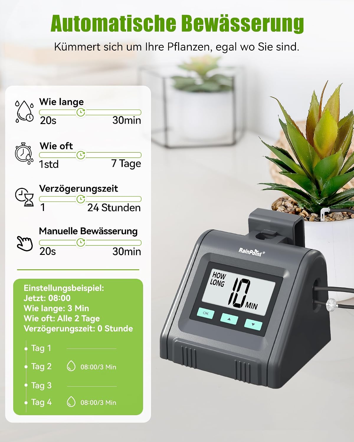 Detalle de RAINPOINT Sistema di irrigazione automatica a goccia per vasi (fino a 10), portata regolabile e kit fai-da-te