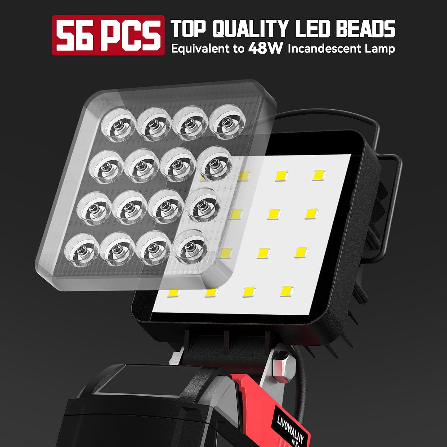 Detalle de Lampada LED Ricaricabile LIVOWALNY 48W 4800LM per batterie Milwaukee 18V con doppio interruttore (USB-C/Type-C, senza batteria)