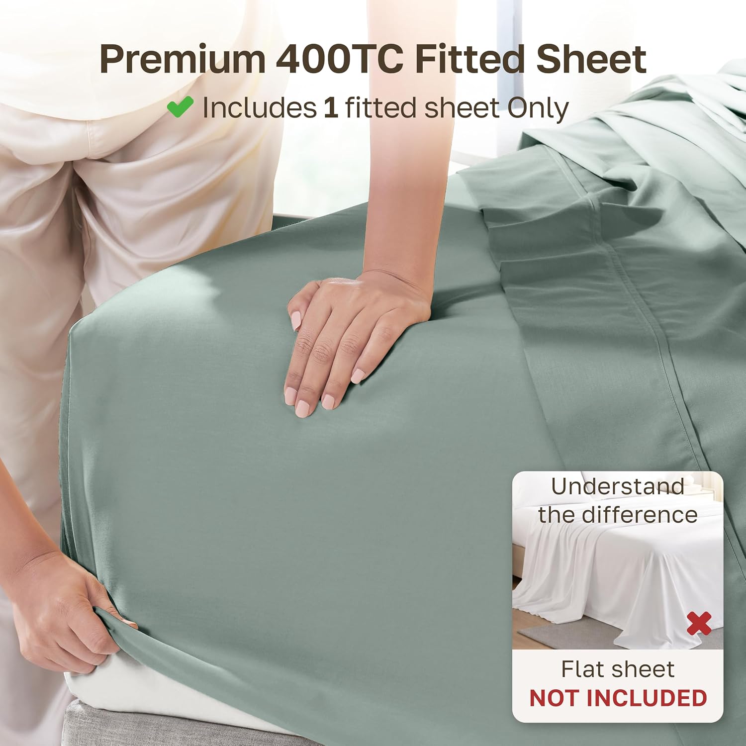 Detalle 2 de California Design Den Queen Fitted Sheet, 400 Thread Count Cotton Sateen, 16-Inch Deep Pocket, Green Sage