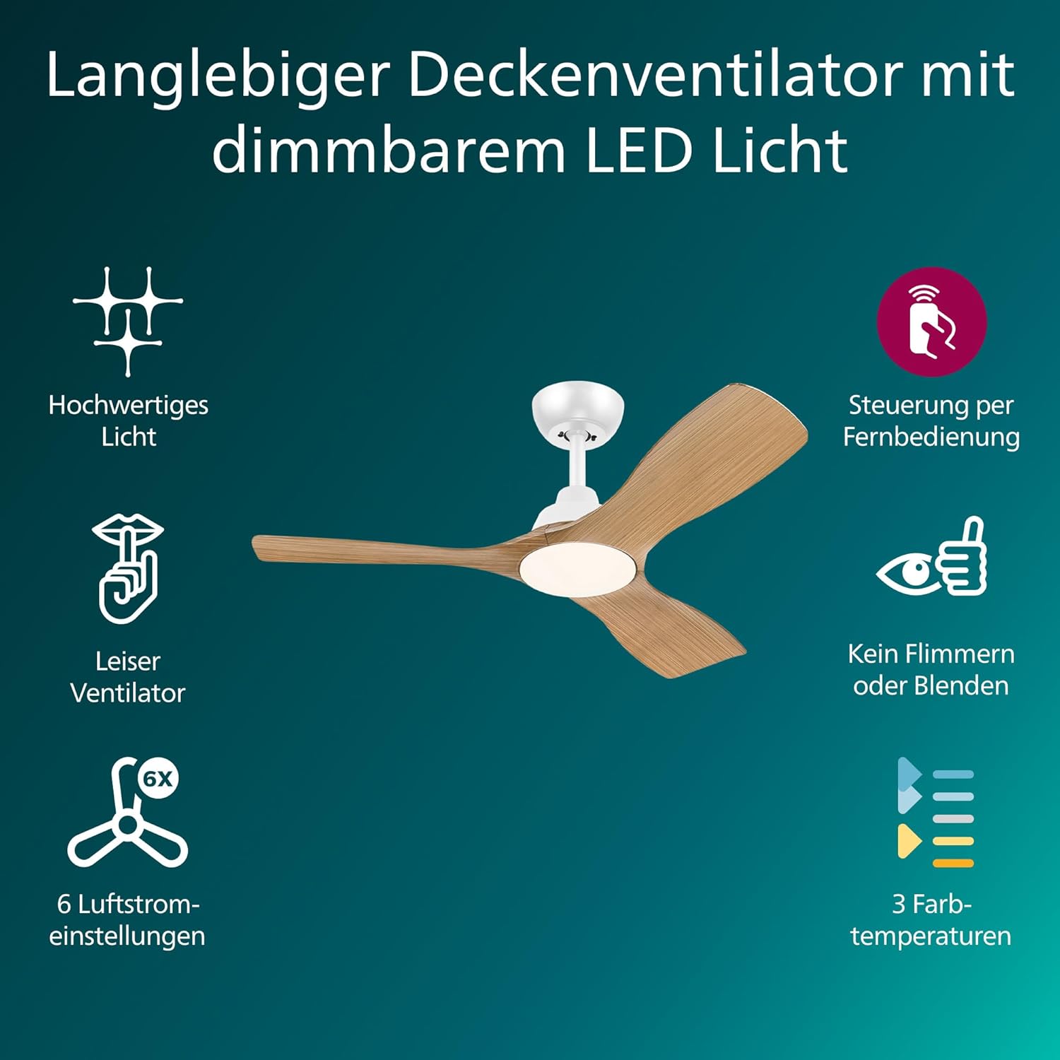 Thumbnail 1 de Philips Olas Deckenventilator mit LED-Leuchte – 106 cm Durchmesser, 3 Flügel, dimmbares Licht