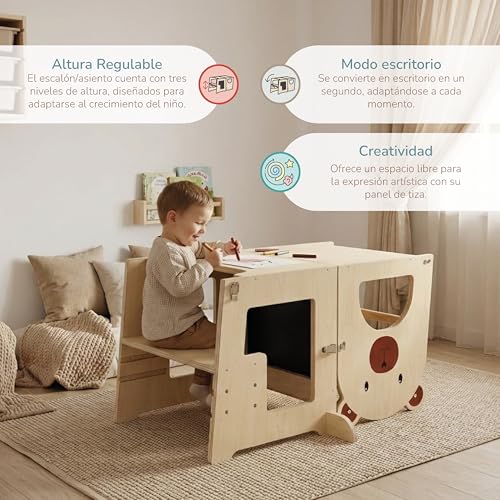 Thumbnail 3 de Buddy Baby Xperimenta: torre de aprendizaje Montessori de madera maciza (2 en 1) con escritorio y taburete