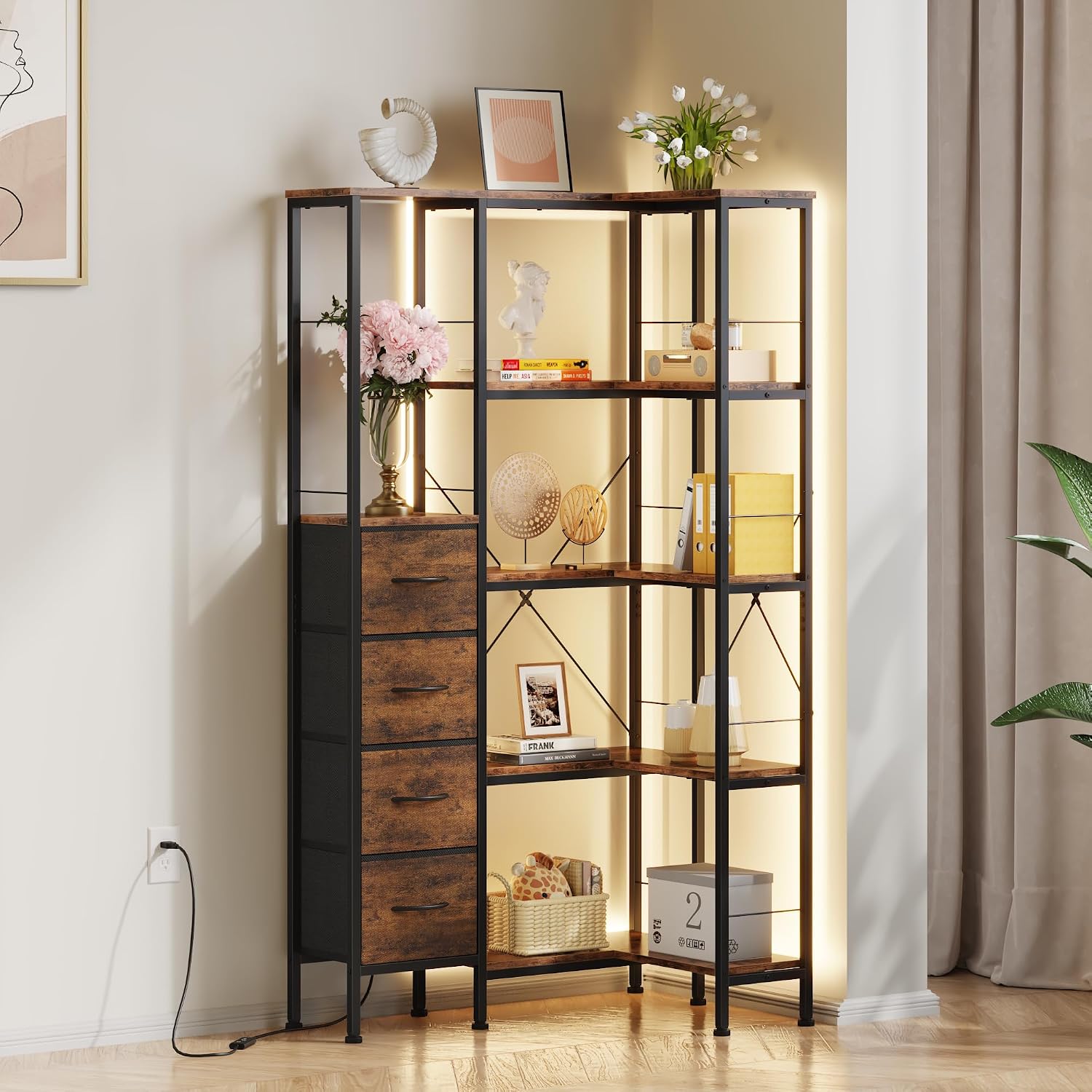 Detalle de OYRREU 8H-BS037-ARB hoekboekenkast met 5 legplanken, 4 stoffen laden en ledverlichting