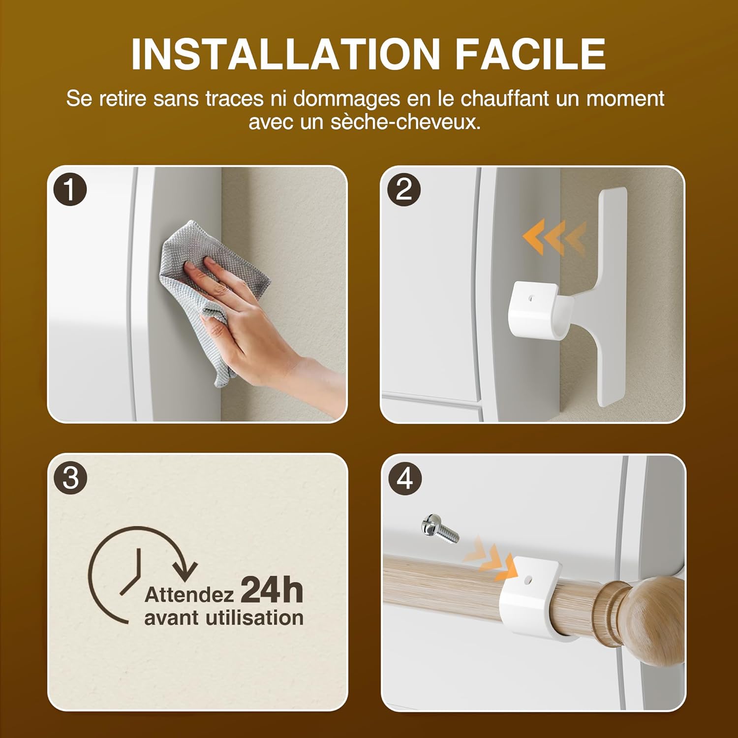 Detalle de Support de tringle de rideaux niffgaff sans perçage, fixation autocollante (barres 19 à 28 mm) – lot de 2