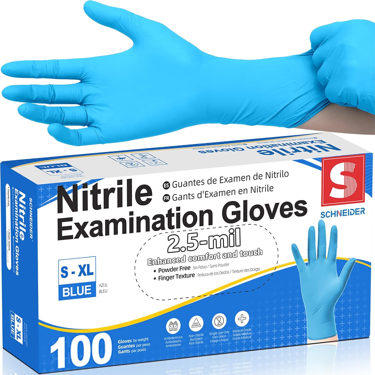Schneider Nitrile Exam Gloves, Blue Disposable Gloves Latex Free Powder Free (2.5 Mil)