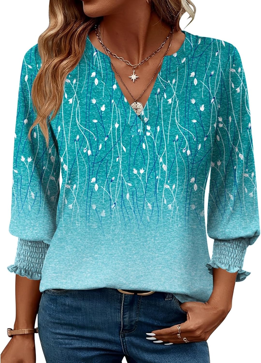 Detalle de Rapbin Damen Bluse 3/4 Arm Langärmlig V-Ausschnitt Tunika – Sommer-Tops, locker & elegant