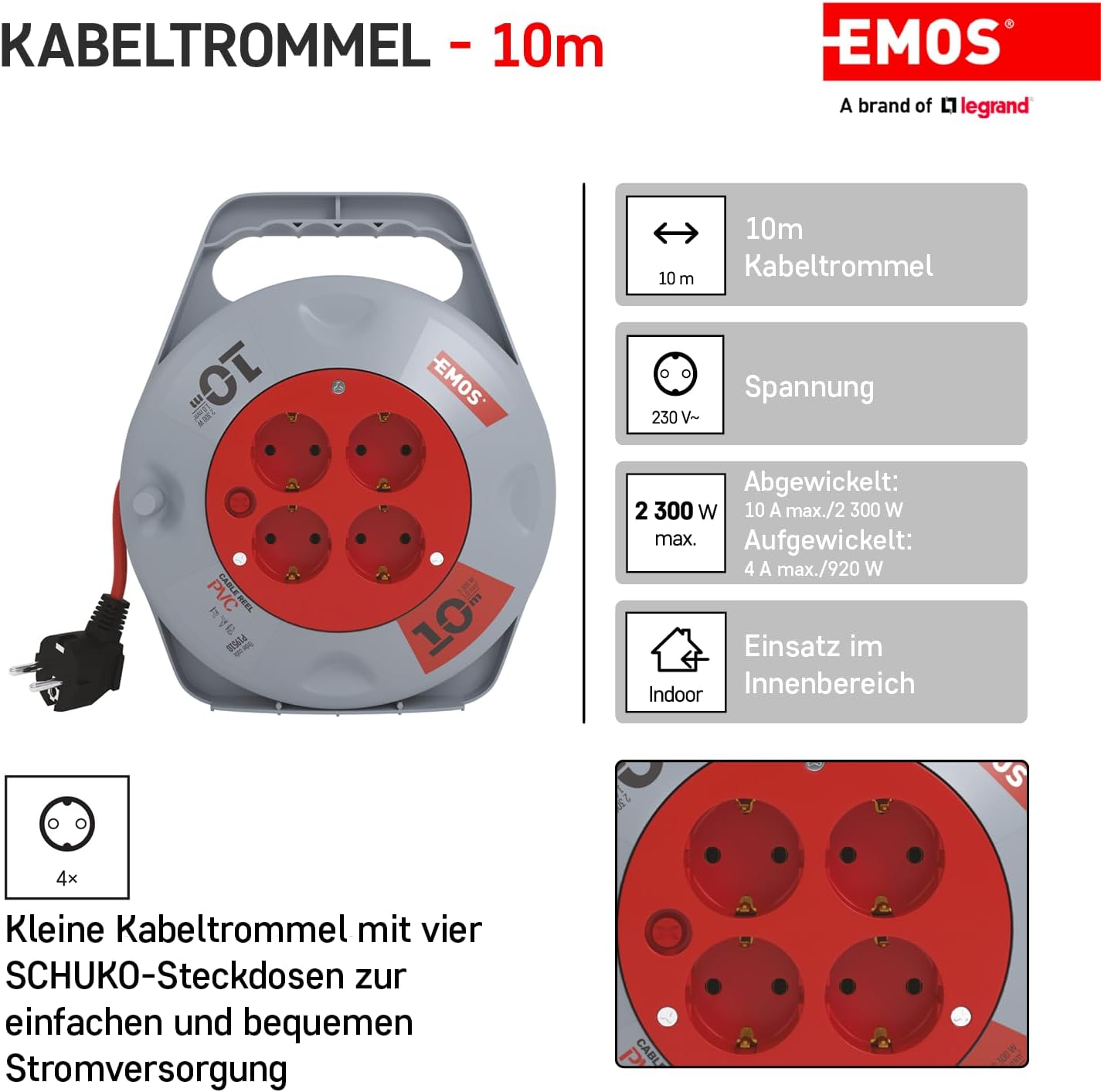 Thumbnail 1 de EMOS Mini-Kabeltrommel 10 m mit 4 Schuko-Steckdosen (IP20, H05VV-F 3G 1,0 mm²)