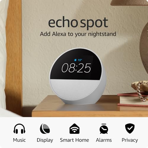 Thumbnail 7 de Echo Spot (newest gen) — Glacier White: Precise bedside alarm, vibrant sound, and Alexa at a glance