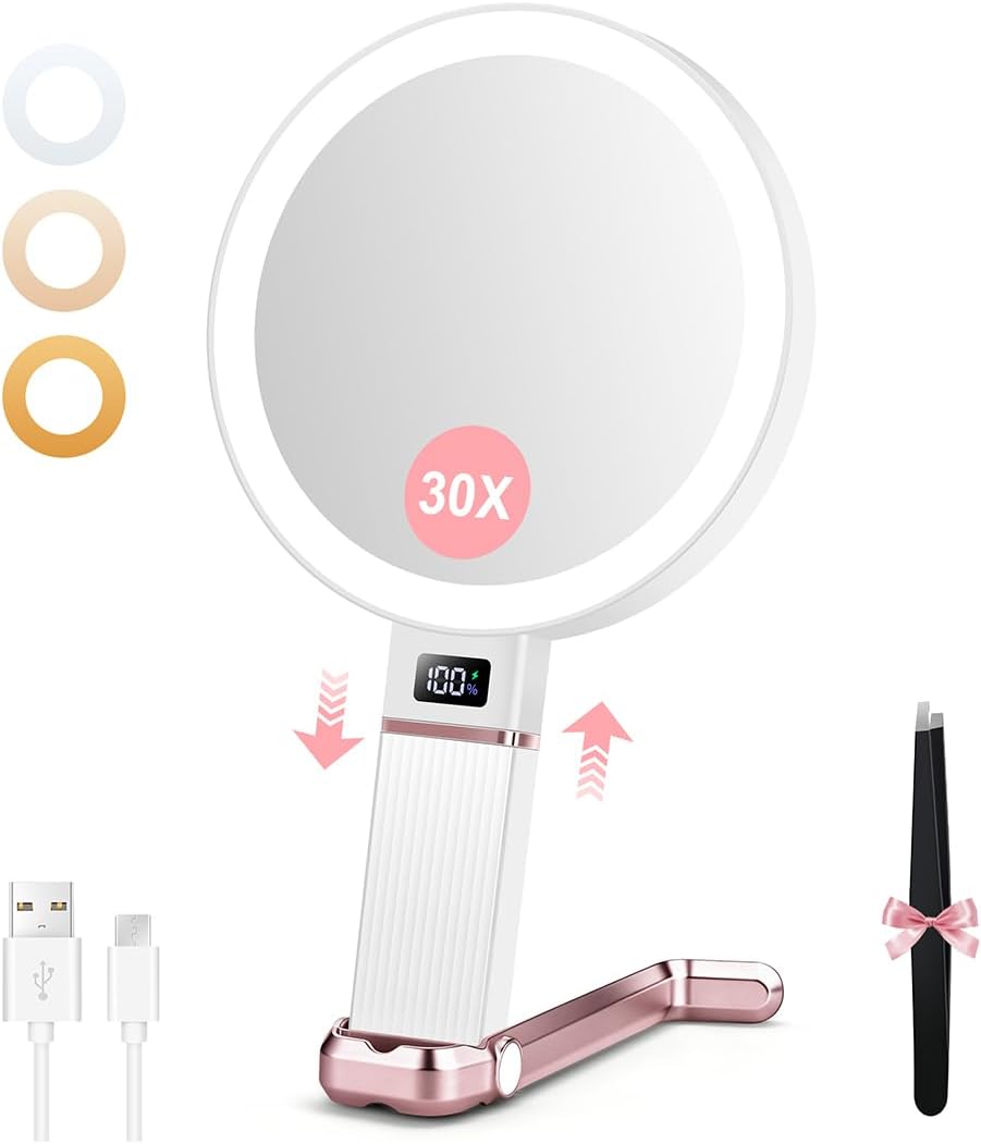 Detalle de MIYADIVA Lighted Travel Makeup Mirror, 30X/1X, Adjustable Stand, Rose Gold