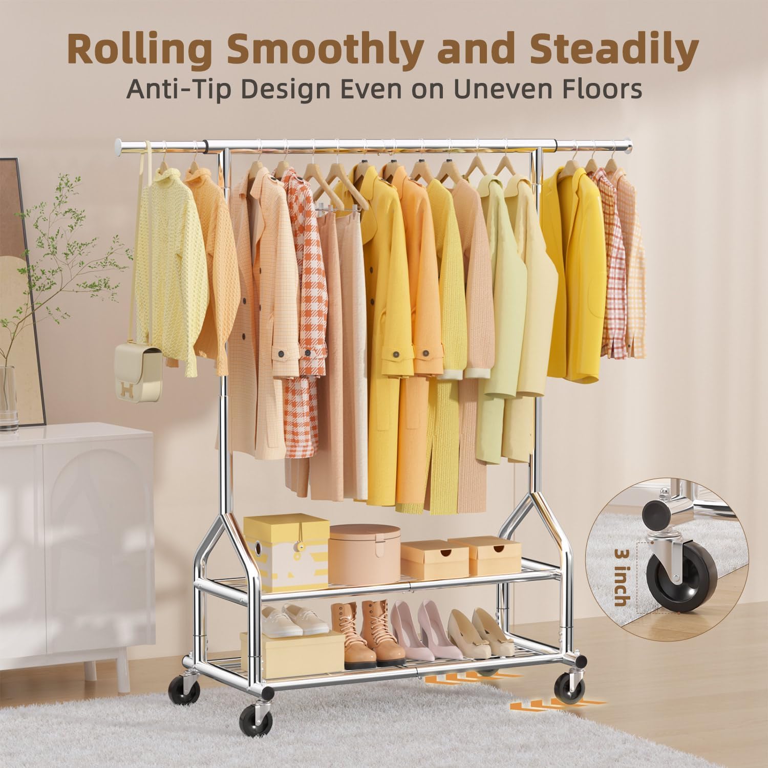 Detalle 2 de EAGMAK UKGRP070 Rolling Clothes Rack with Adjustable Height and 2 Shelves
