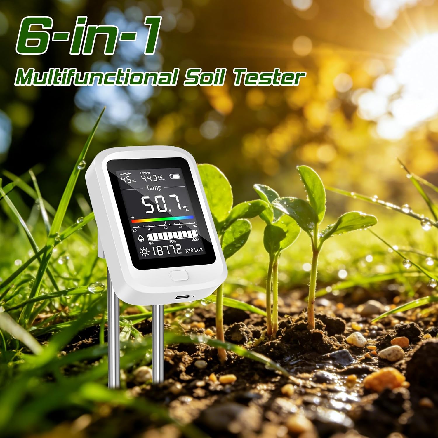 Thumbnail 2 de Lepealu 6-in-1 Soil Moisture Meter with Dual Probes, Type-C Rechargeable LCD