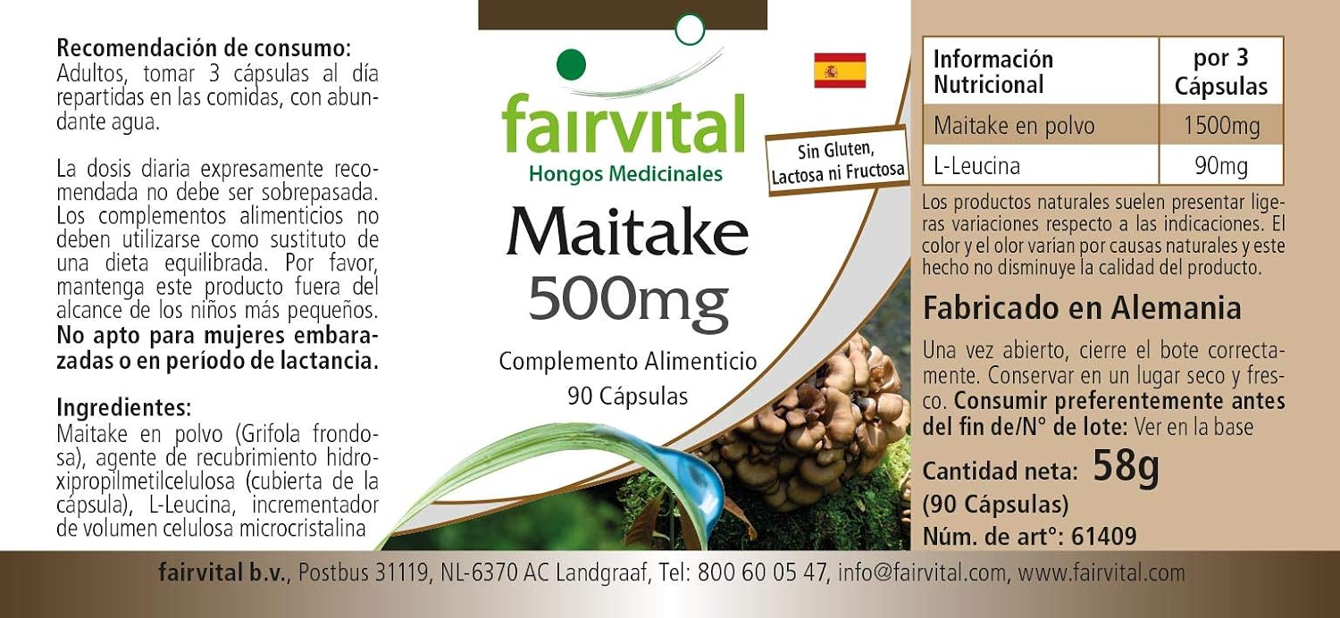 Detalle de Fairvital Maitake 500 mg, 90 Kapseln – Hochdosiert, vegan, schluckfreundlich