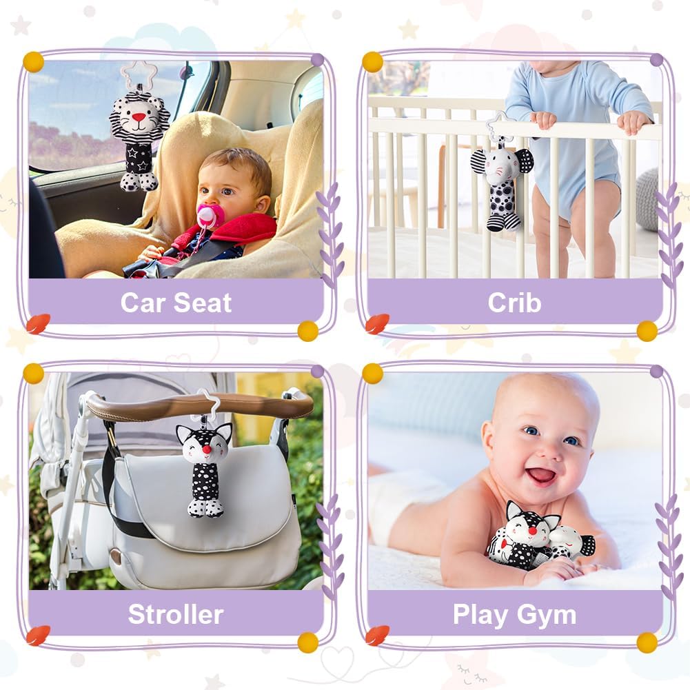 Thumbnail 5 de Aolso 3 Pack Clip on Pram Baby Toys – Sensory Hanging Rattles with Black & White Cartoons