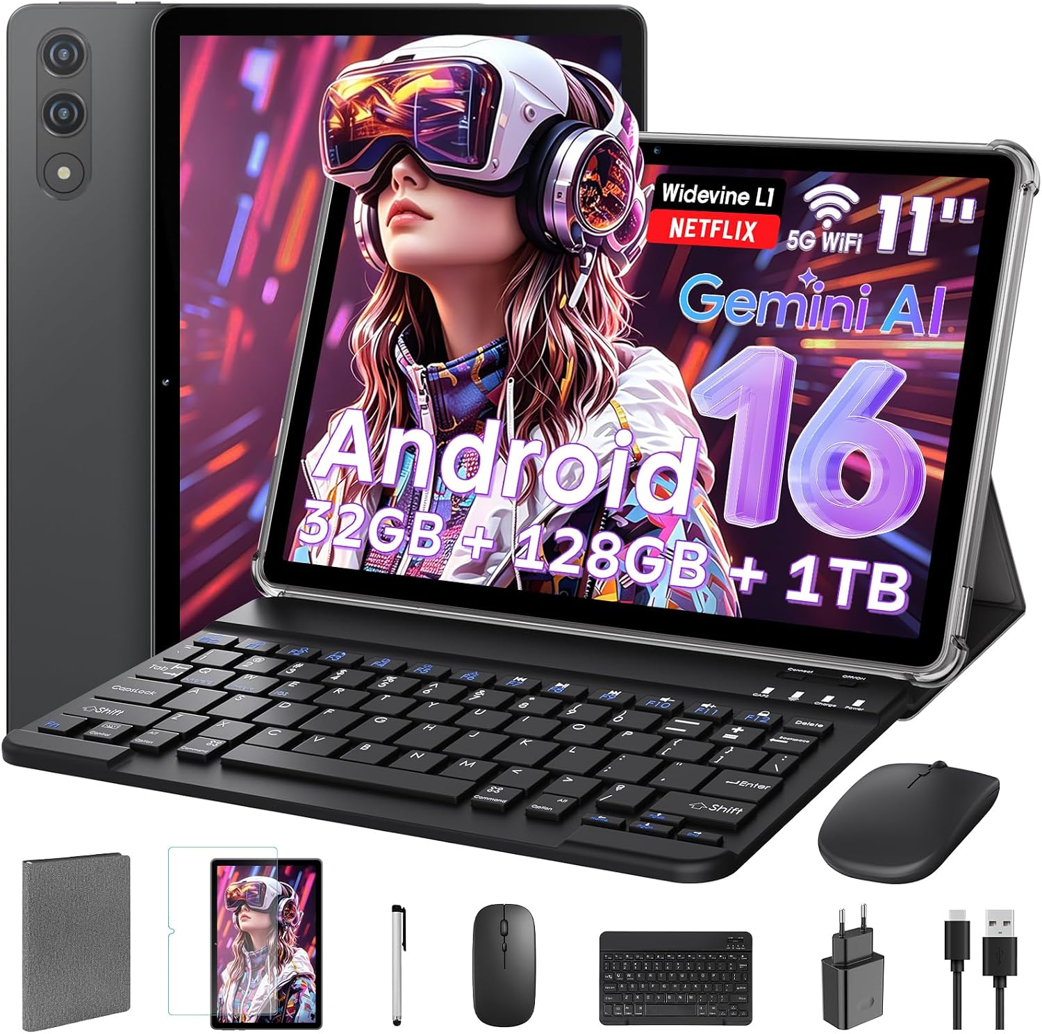 Detalle de 11 Zoll Tablet mit Tastatur – Android 16, Gemini AI, 32GB RAM + 128GB ROM (bis zu 1TB)