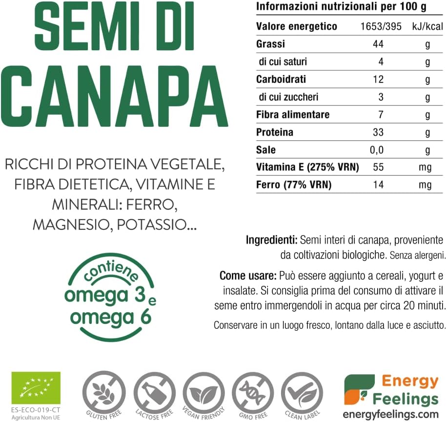 Detalle de Energy Feelings Semi di Canapa Interi BIO Certificati – 1 Kg