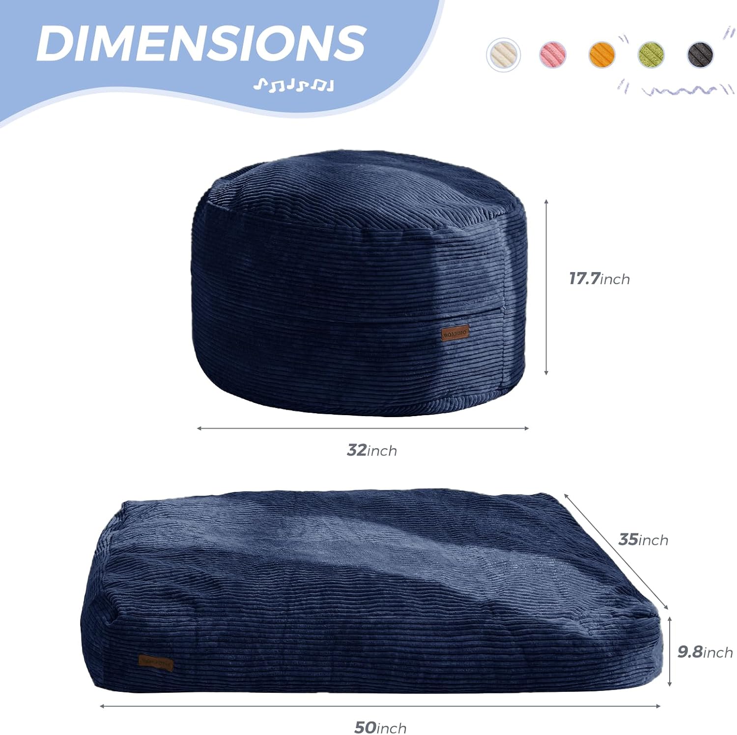 Detalle de MAXYOYO K06-Series Convertible Kids’ Bean Bag Chair, Navy, Foam-Filled