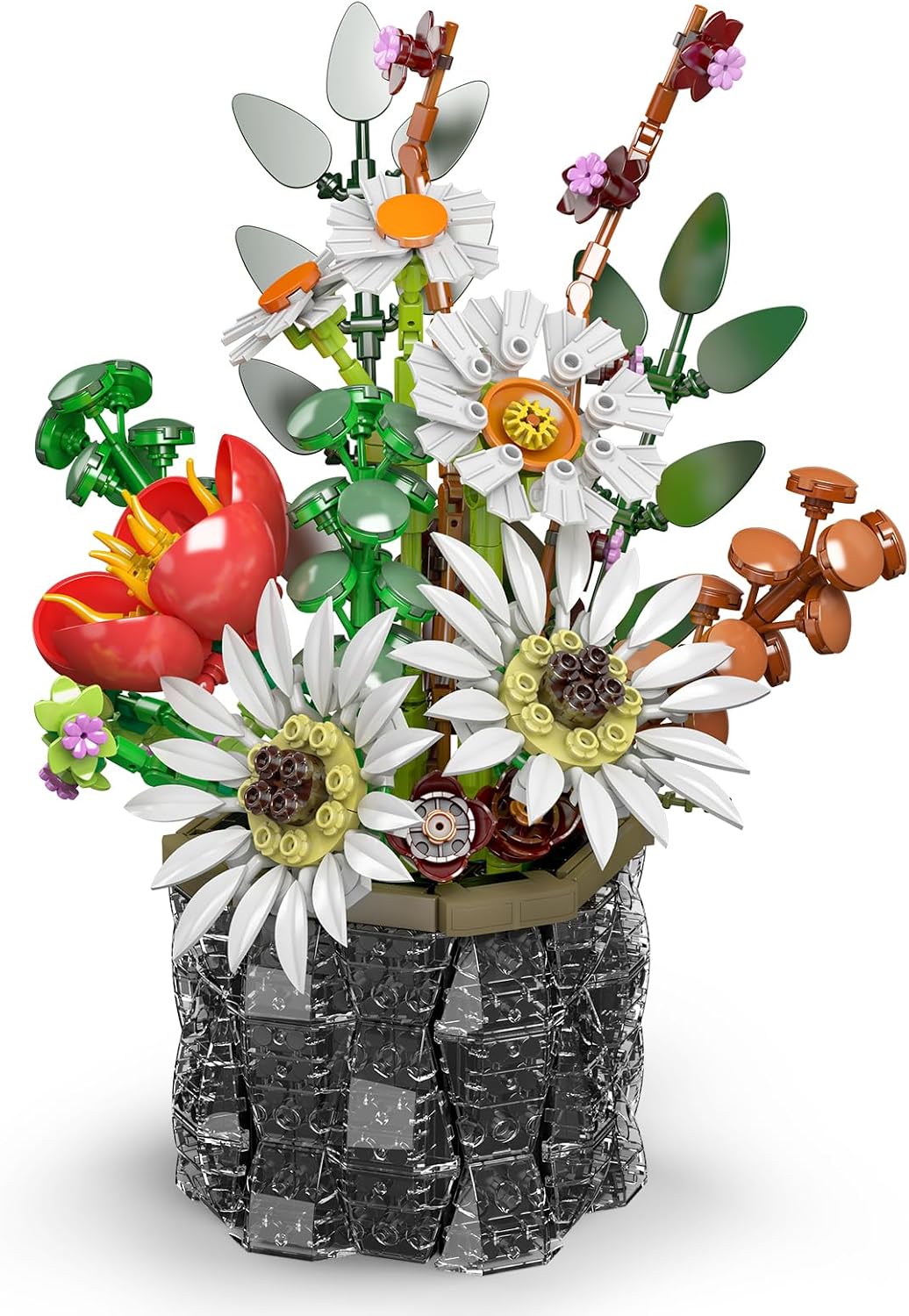 Detalle de Mould King 24107 Blumen-Baustein-Set (mit Vase) – Sonnenblumen, Tulpen und Gänseblümchen