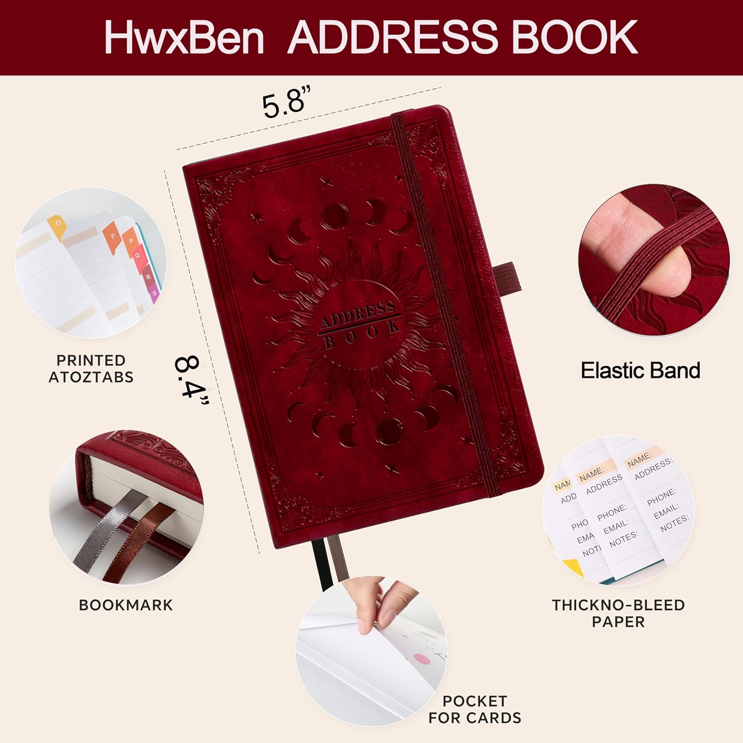 Detalle de Address Book with Colourful Alphabetical Tabs (8.4" x 5.7") – Hardcover Contact Organiser, Wine Red
