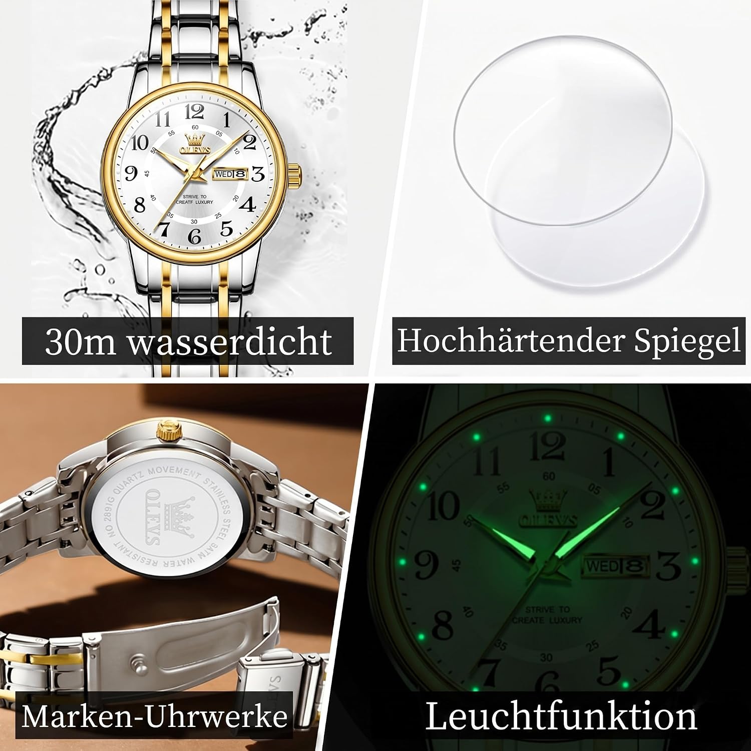 Detalle de OLEVS Damenuhr Edelstahl Quarz – Wasserdicht 3ATM, Datumfenster, Silber/Gold