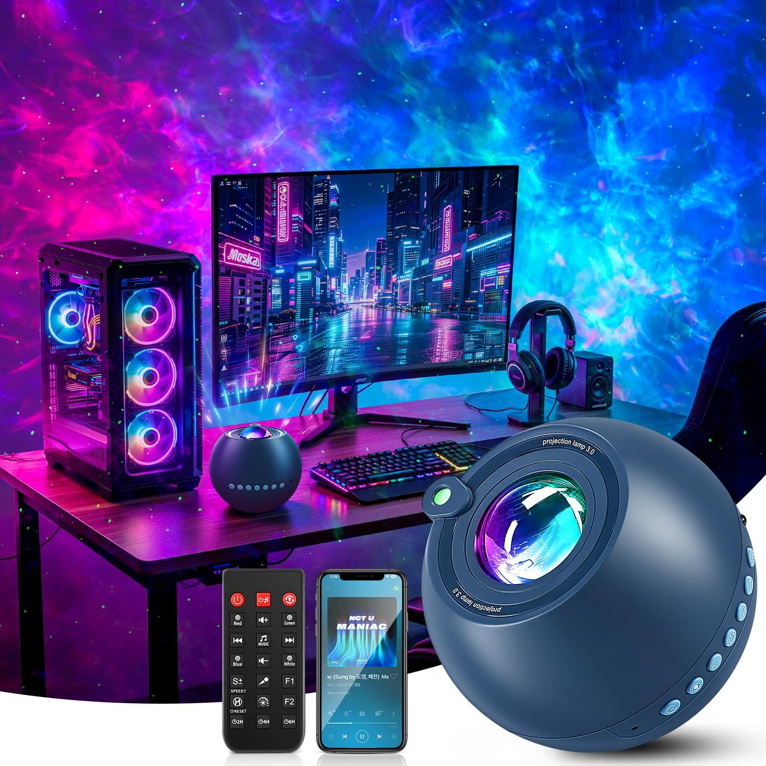 Detalle de One Fire WH-E14A Galaxy Projector with Green Stars, Bluetooth and White Noise