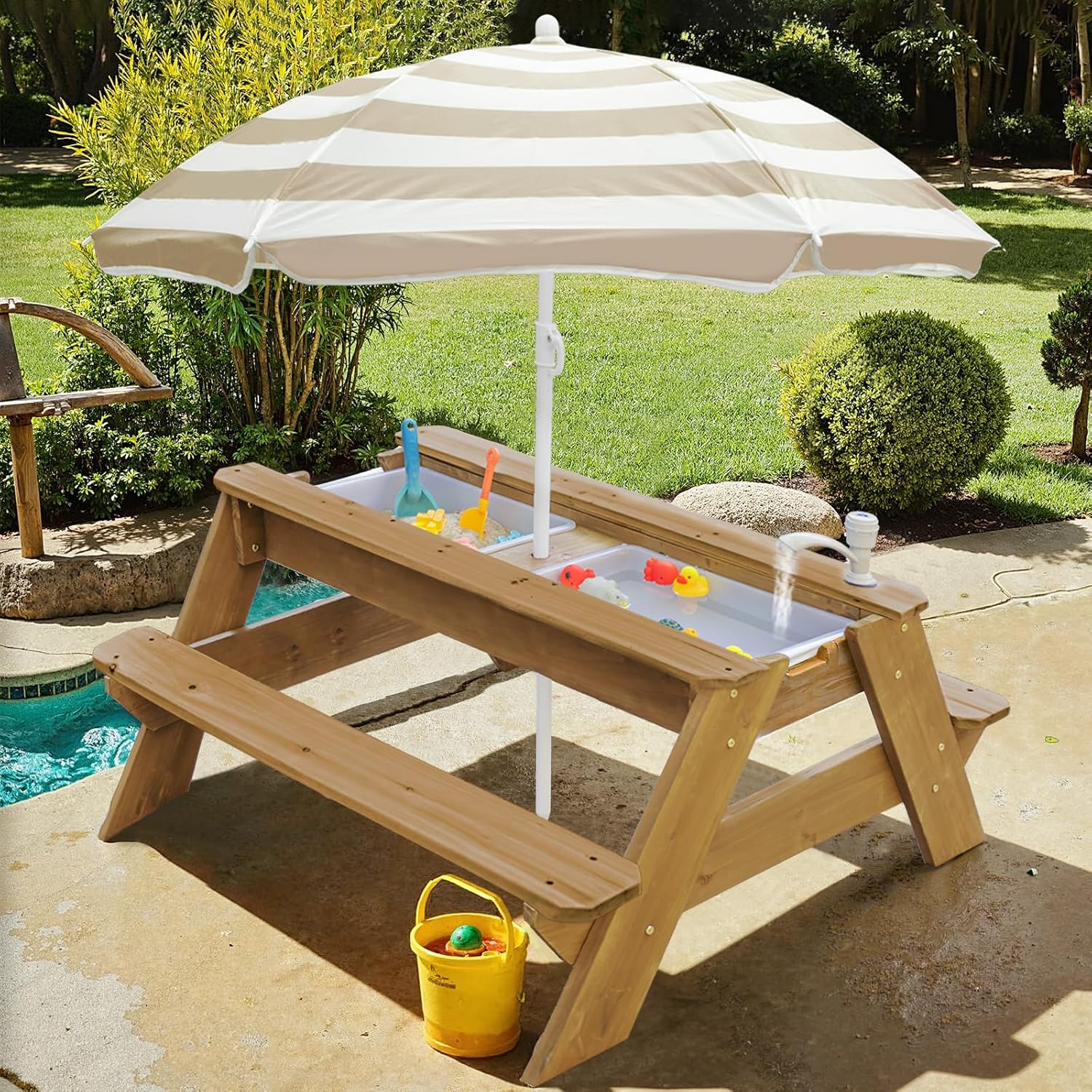 Detalle de K LUCKIDS Kids 3-in-1 Sand & Water Activity Table (Wood Outdoor Convertible Picnic Table)