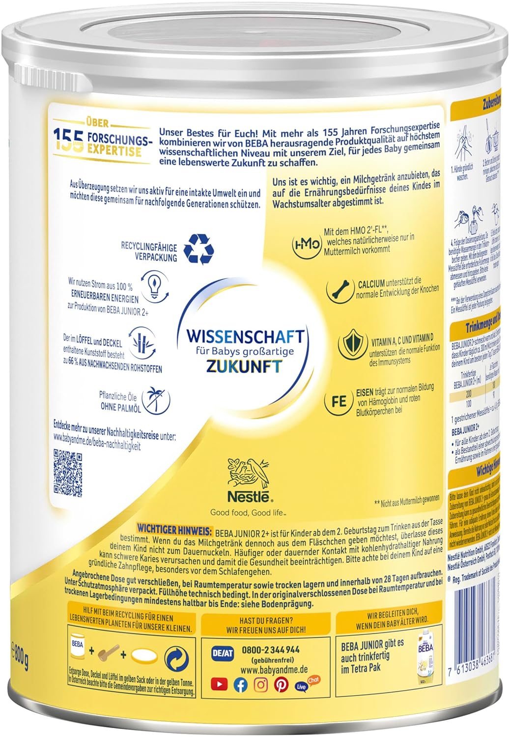 Detalle de BEBA Junior 2+ Milchgetränk ab 2 Jahren – 3 x 800 g mit 2'-FL HMOs, ohne Palmöl