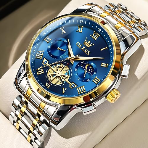 Thumbnail 6 de OLEVS Men's Two-Tone Stainless Steel Quartz Watch with Moon Phase and Luminous Hands
