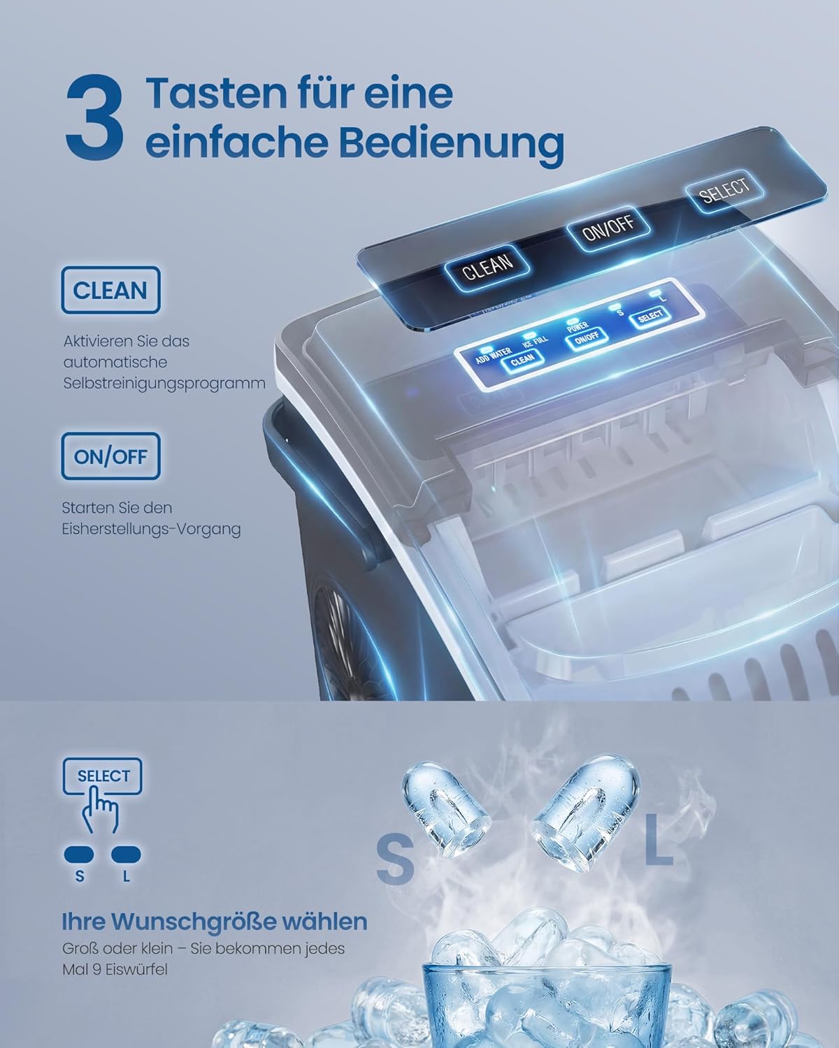 Thumbnail 4 de SONGMICS Eiswürfelmaschine XZB001B1EU – kompakte 12 kg/Tag, 6 Min. für 9 Würfel, Selbstreinigung