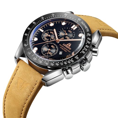 Detalle de LN LENQIN Montre Homme - Montre analogique à quartz, étanche 3ATM, bracelet cuir