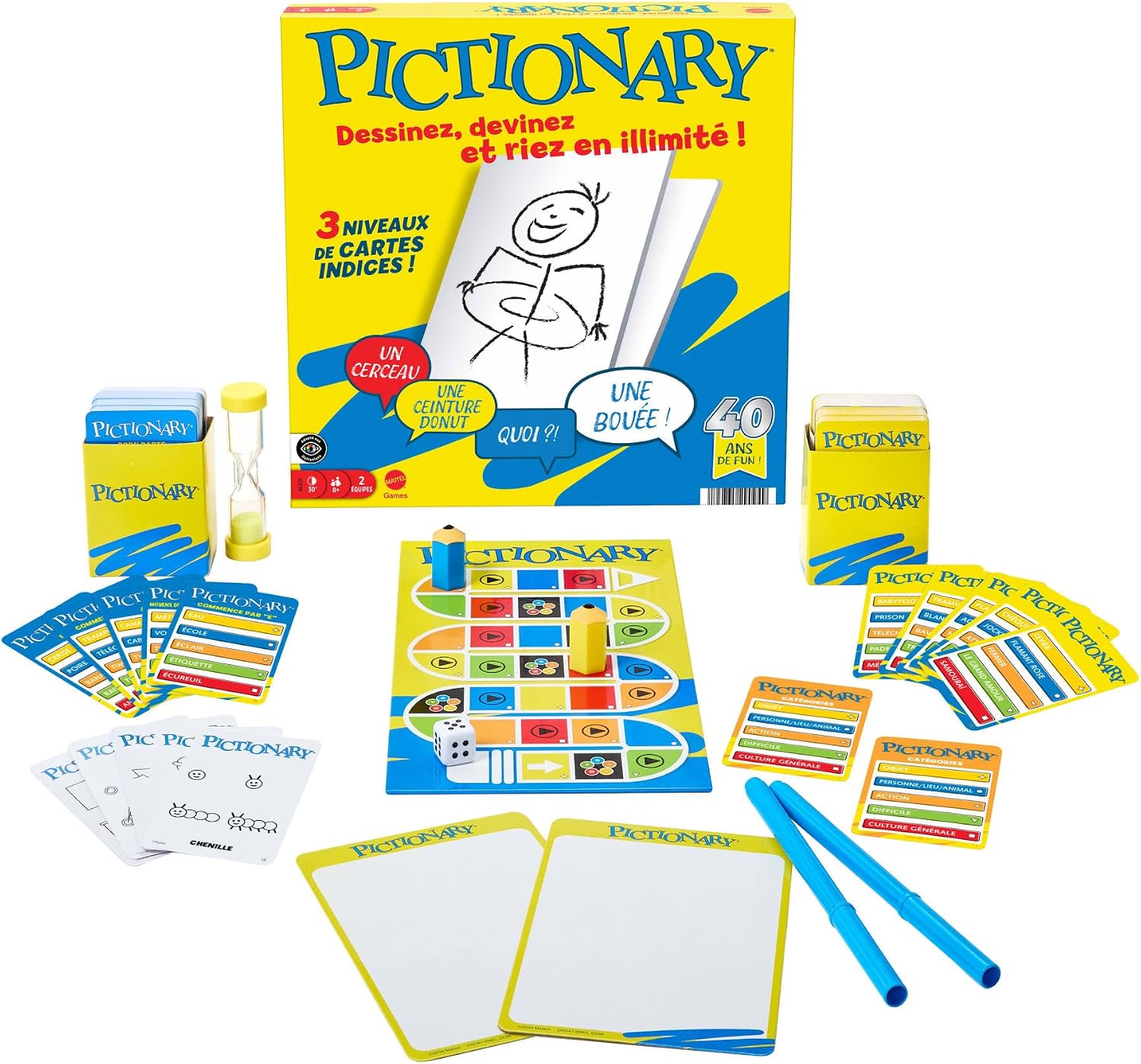 Detalle 2 de Mattel Games Pictionary – Jeu de société familial Multiniveau, 2 équipes, feutres et ardoises inclus