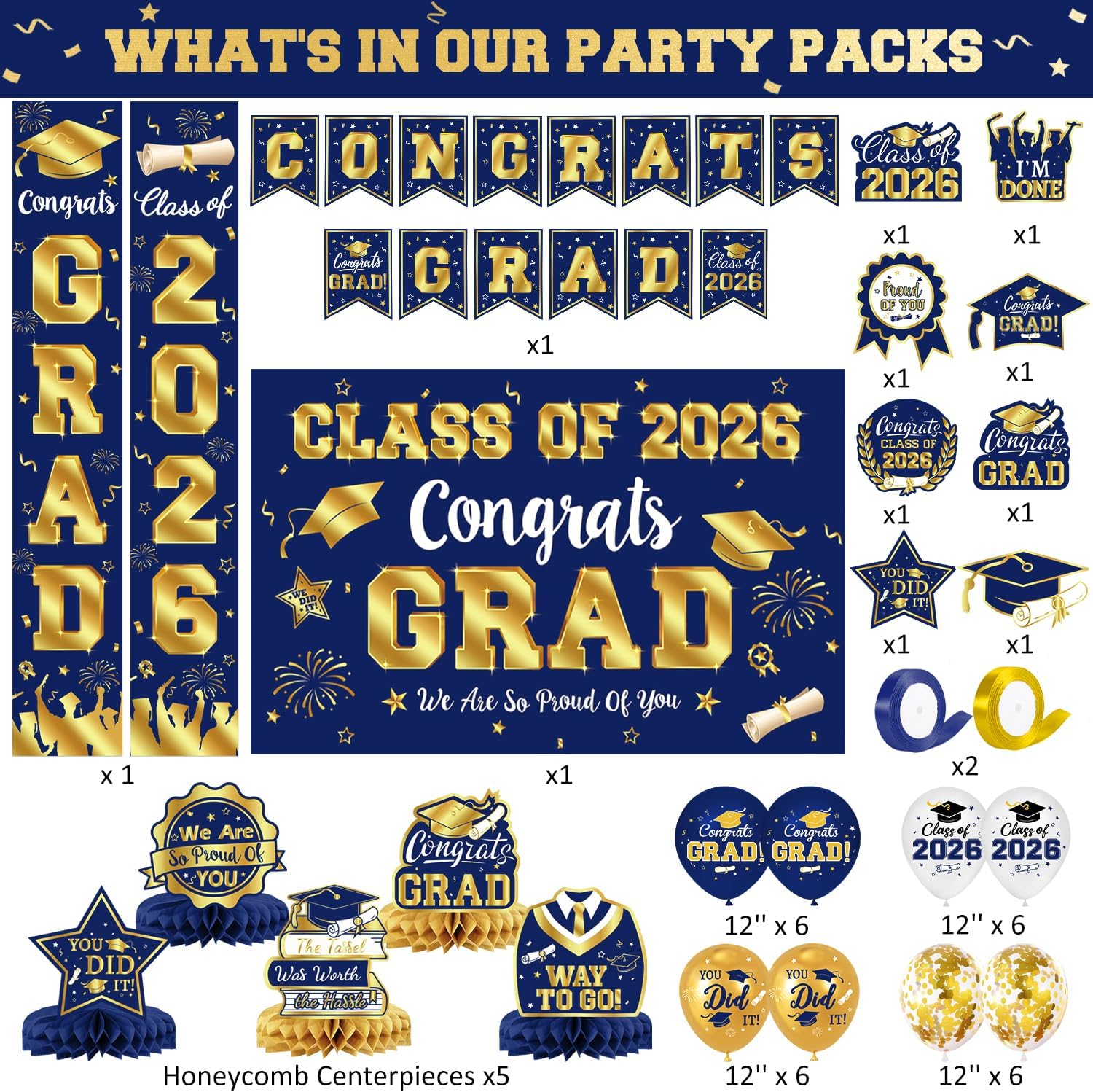 Detalle 2 de LINHAXM 2026 Graduation Decorations Set (Navy Blue & Gold) — Congrats Grad Banner, Backdrop, Porch Sign, Balloons & More