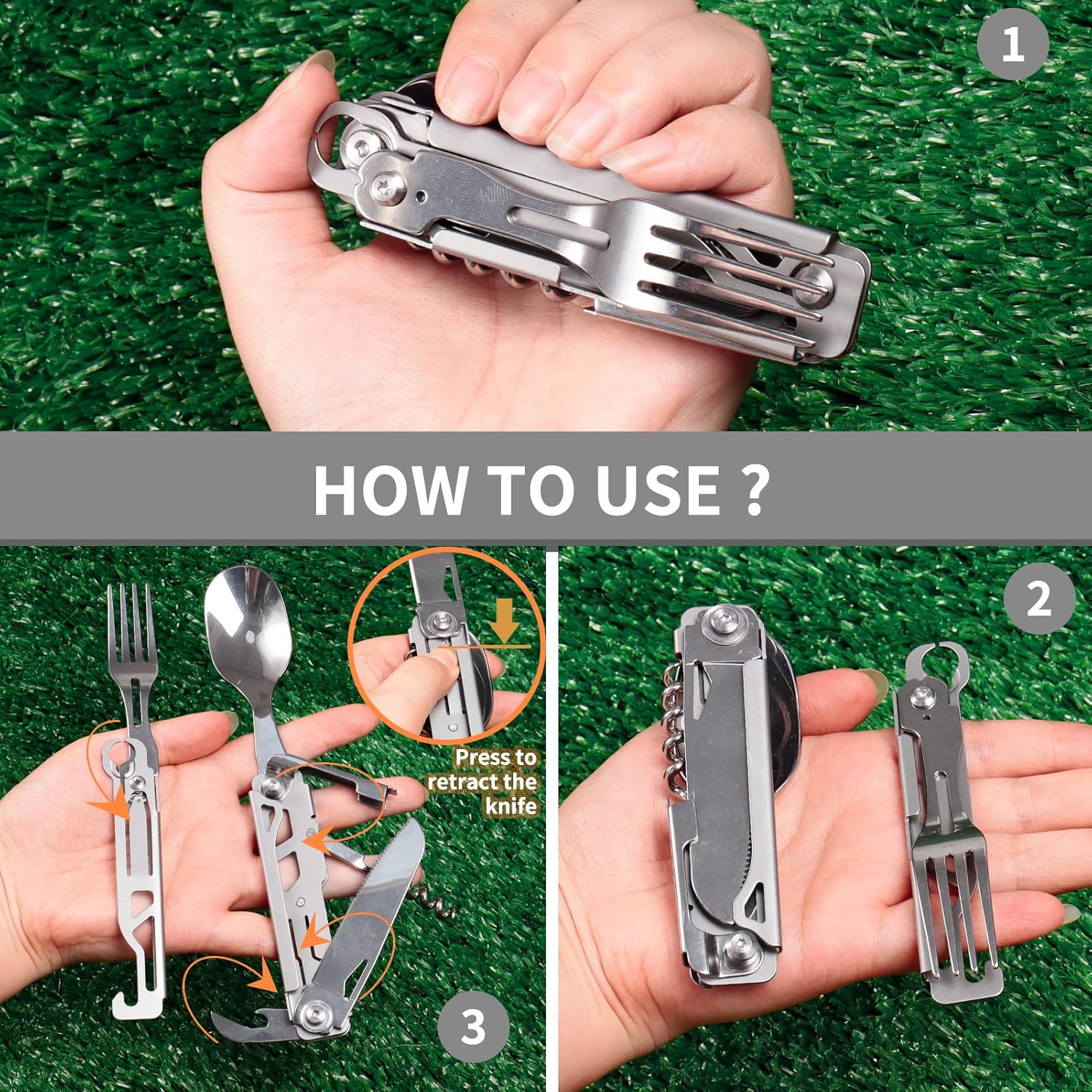 Thumbnail 3 de ZIMAIC Edelstahl 5-in-1 Klappbesteck Campingbesteck als Messer-Gabel-Löffel-Set
