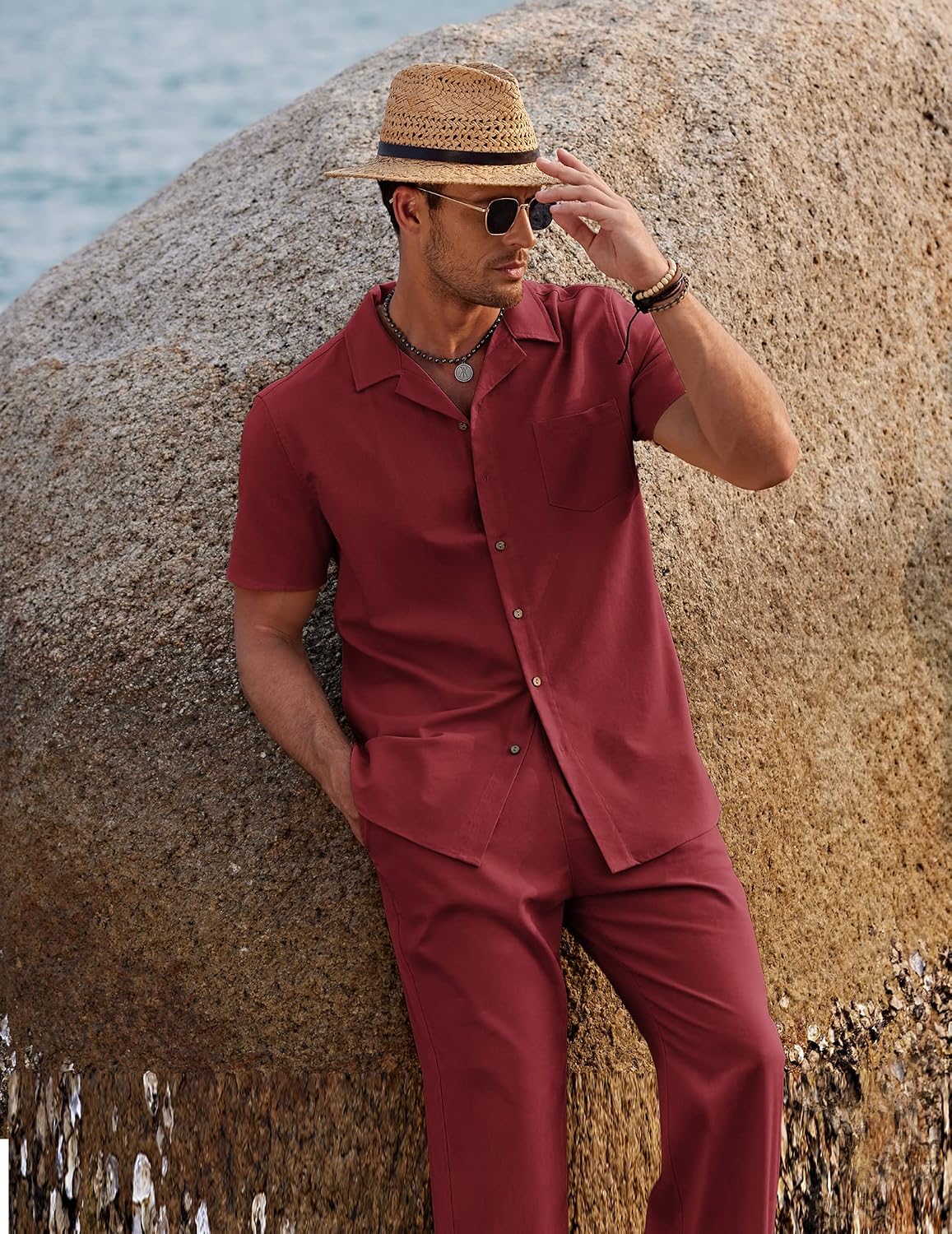 Detalle 2 de COOFANDY ZTJ008586 Men’s Linen-Blend Beach Set with Camp-Collar Shirt