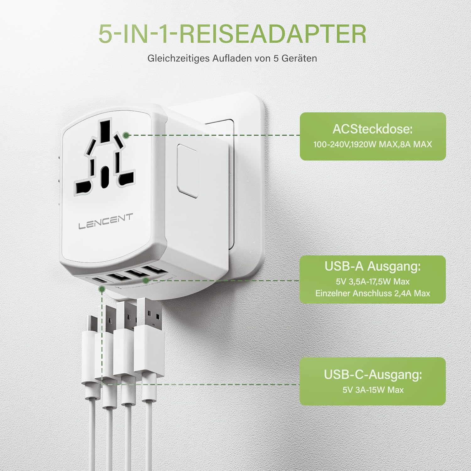 Detalle 2 de LENCENT Weltweiter Reiseadapter 4-in-1