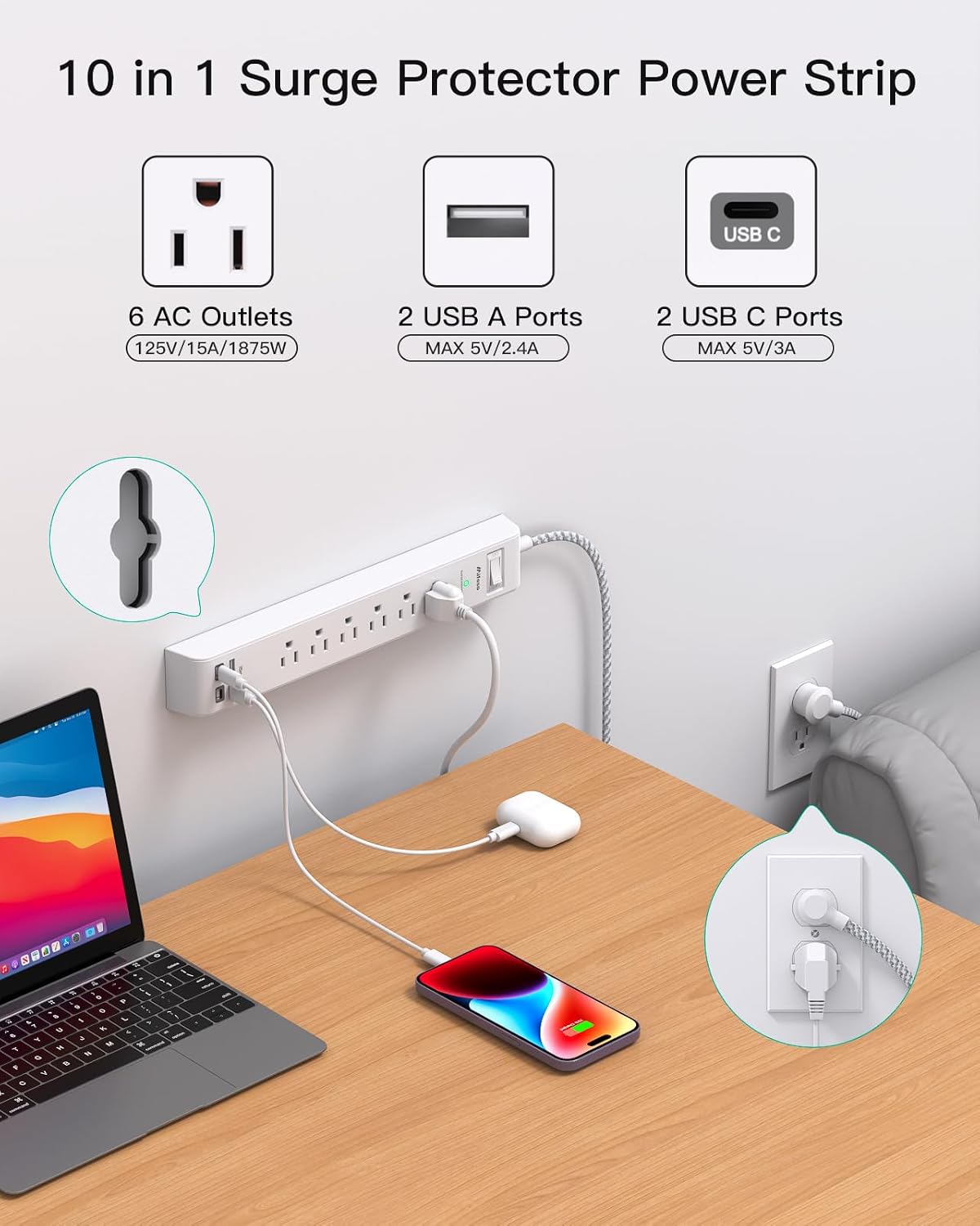 Thumbnail 1 de mifaso 2 Pack Power Strip 12FT extension cord