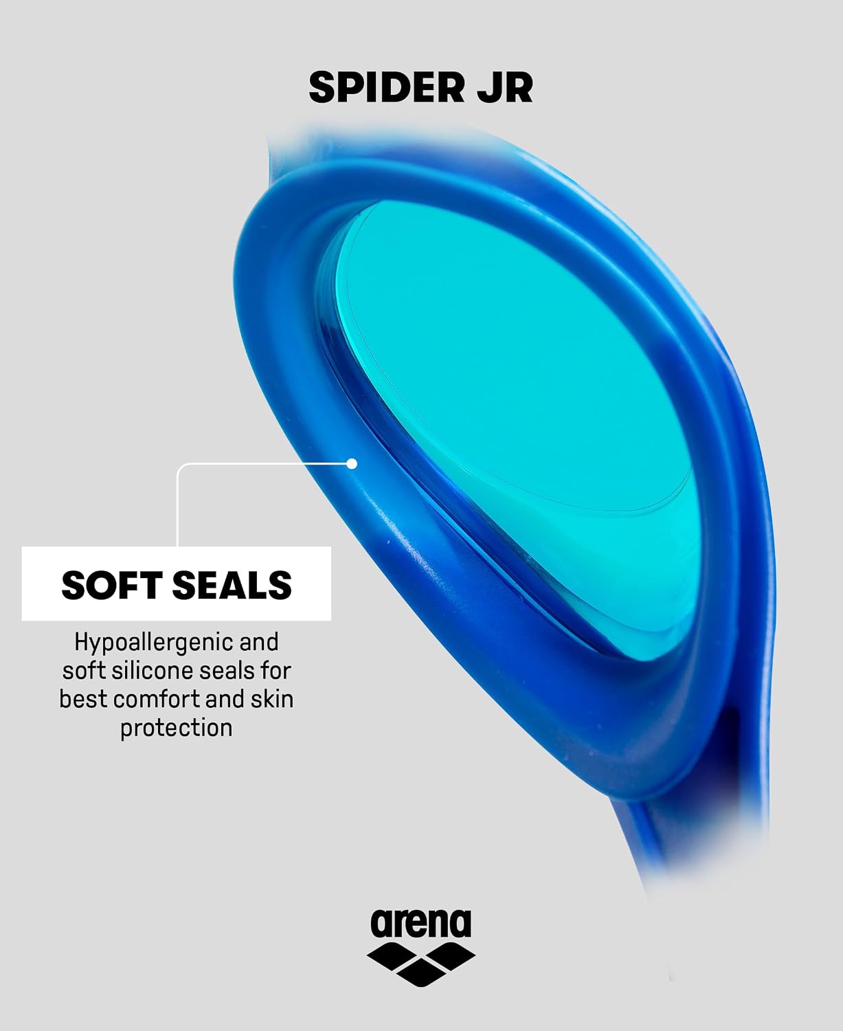 Detalle de ARENA Spider Junior Mirror Kinderschwimmbrille – sicherer Sitz, UV-Schutz und klare Sicht für Kinder 6–12 Jahre