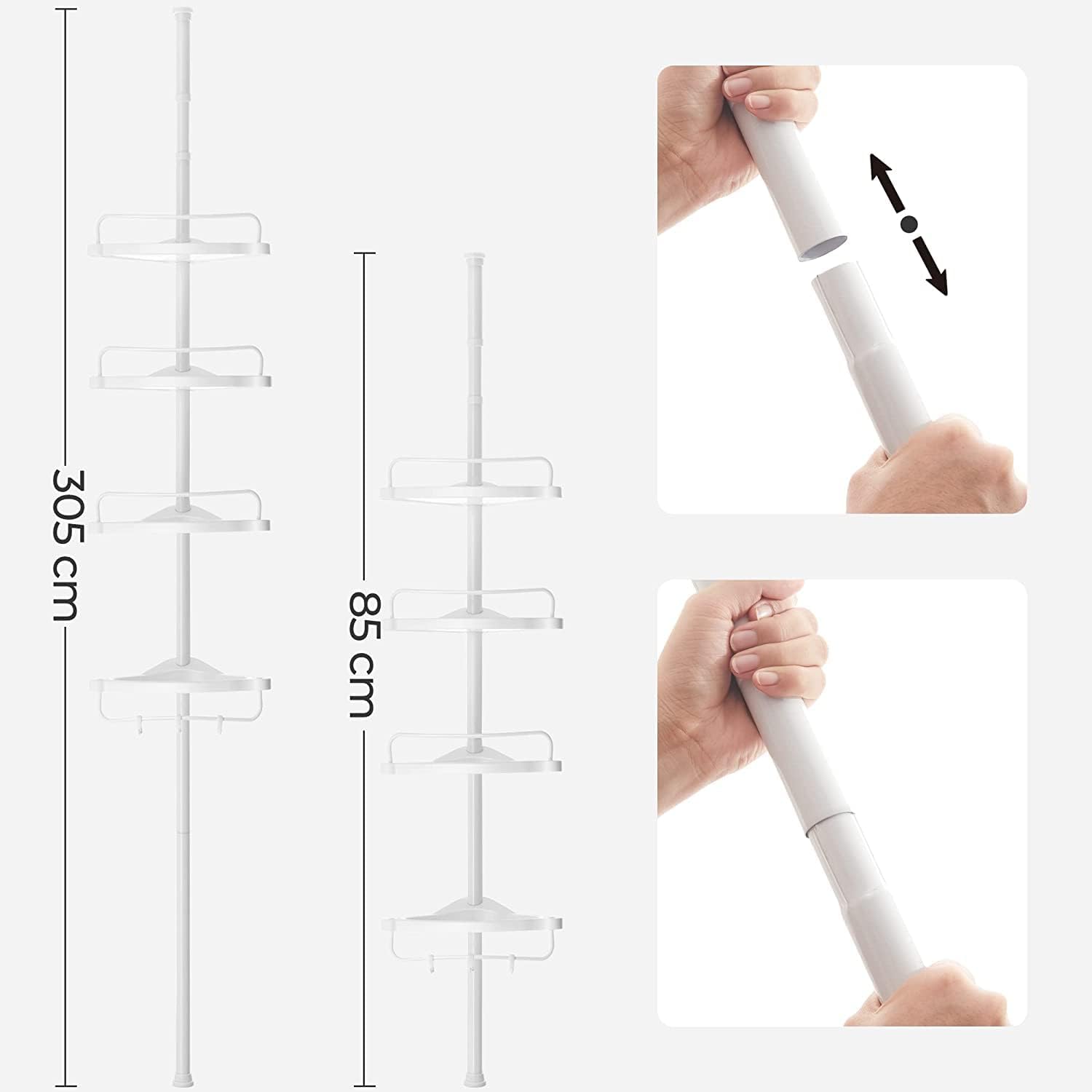 Detalle de SONGMICS 85-305 cm Duschregal für Badezimmer mit Teleskoprohren und 4 Ablagen BCB001A