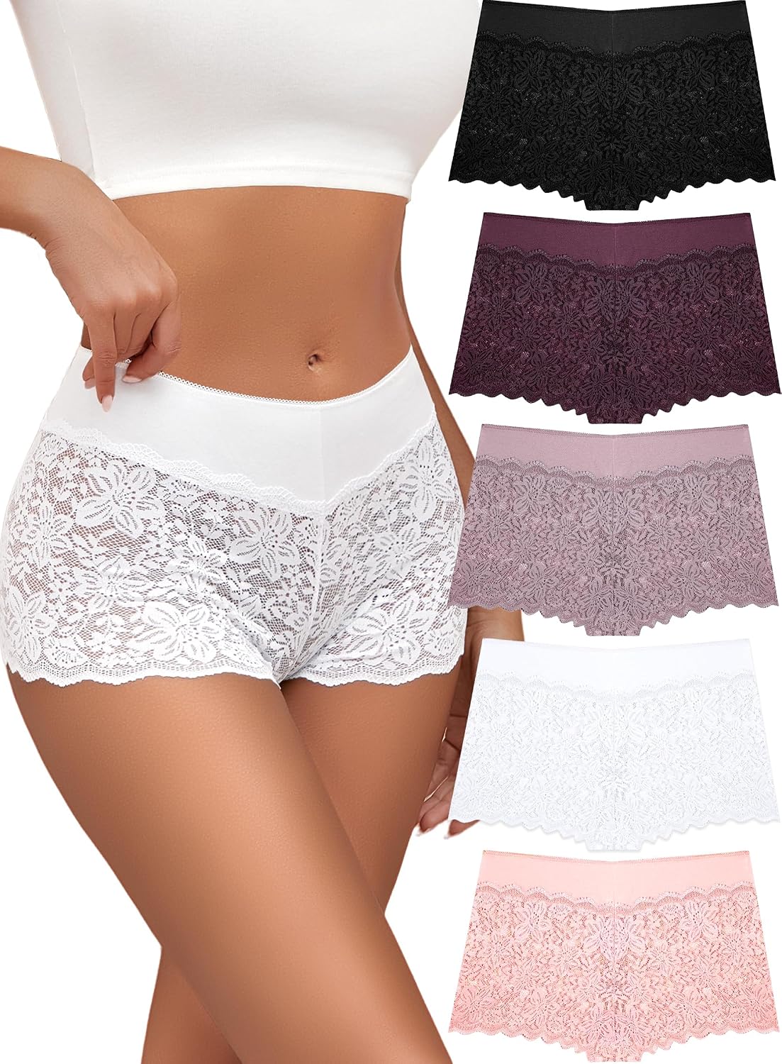 Detalle de ALL OF SHE 5er-Pack Damen-Unterwäsche mit Spitze – Hipster-Boxershorts in großen Größen