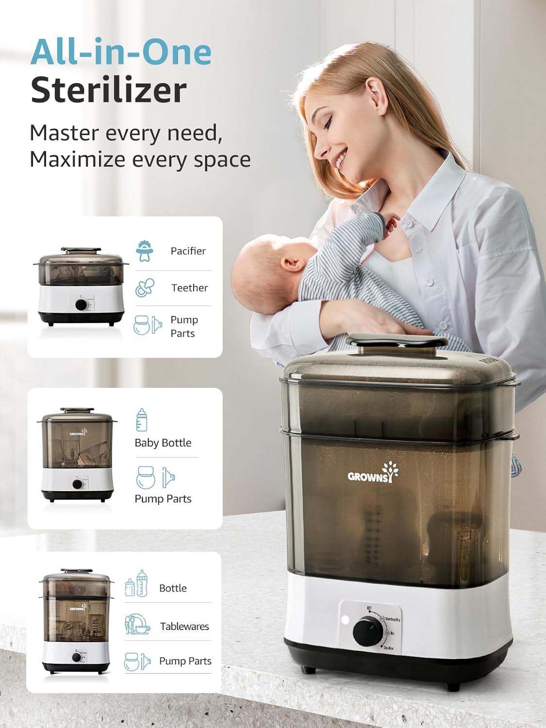 Detalle de GROWNSY 4-in-1 Baby Bottle Sterilizer and Dryer, 360° Steam, 72-Hour Storage